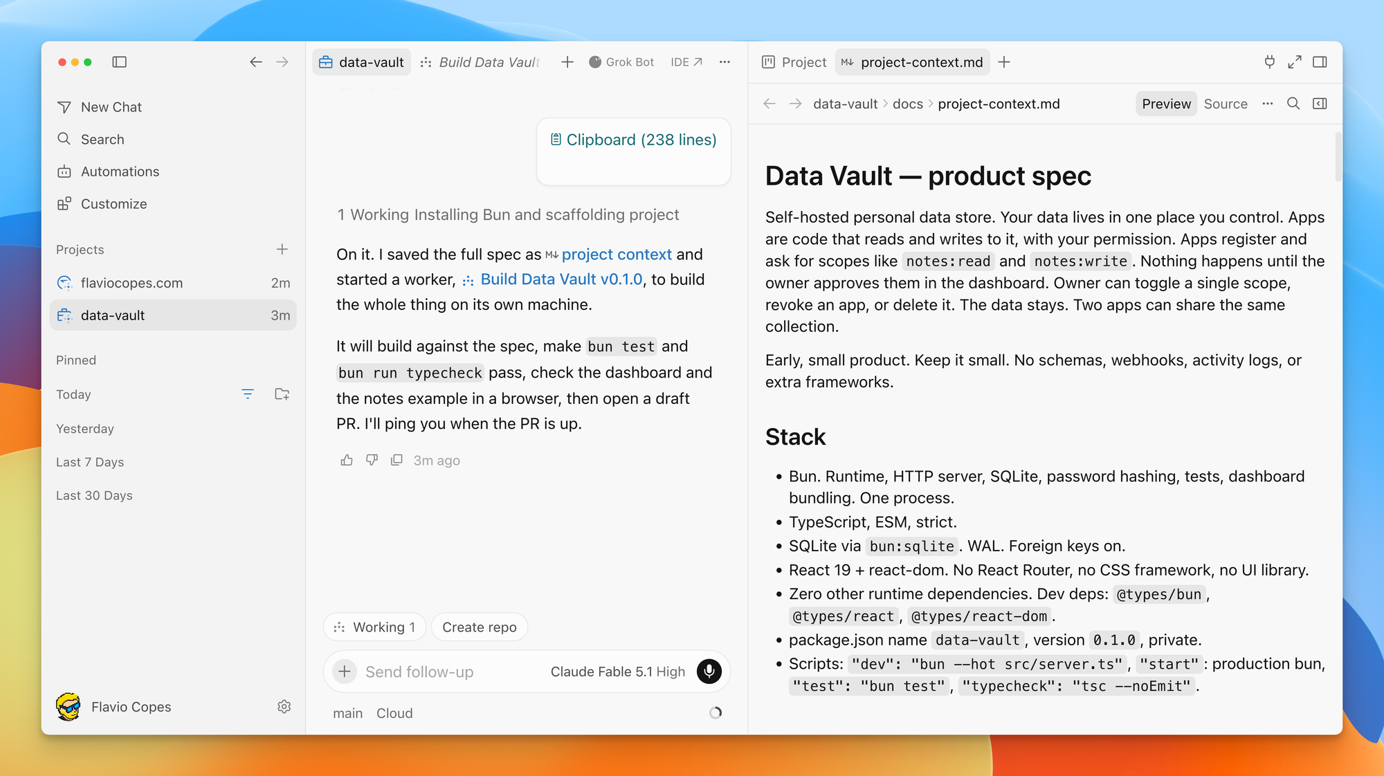 The project-context.md file in the Project pane, holding the Data Vault product spec and stack decisions