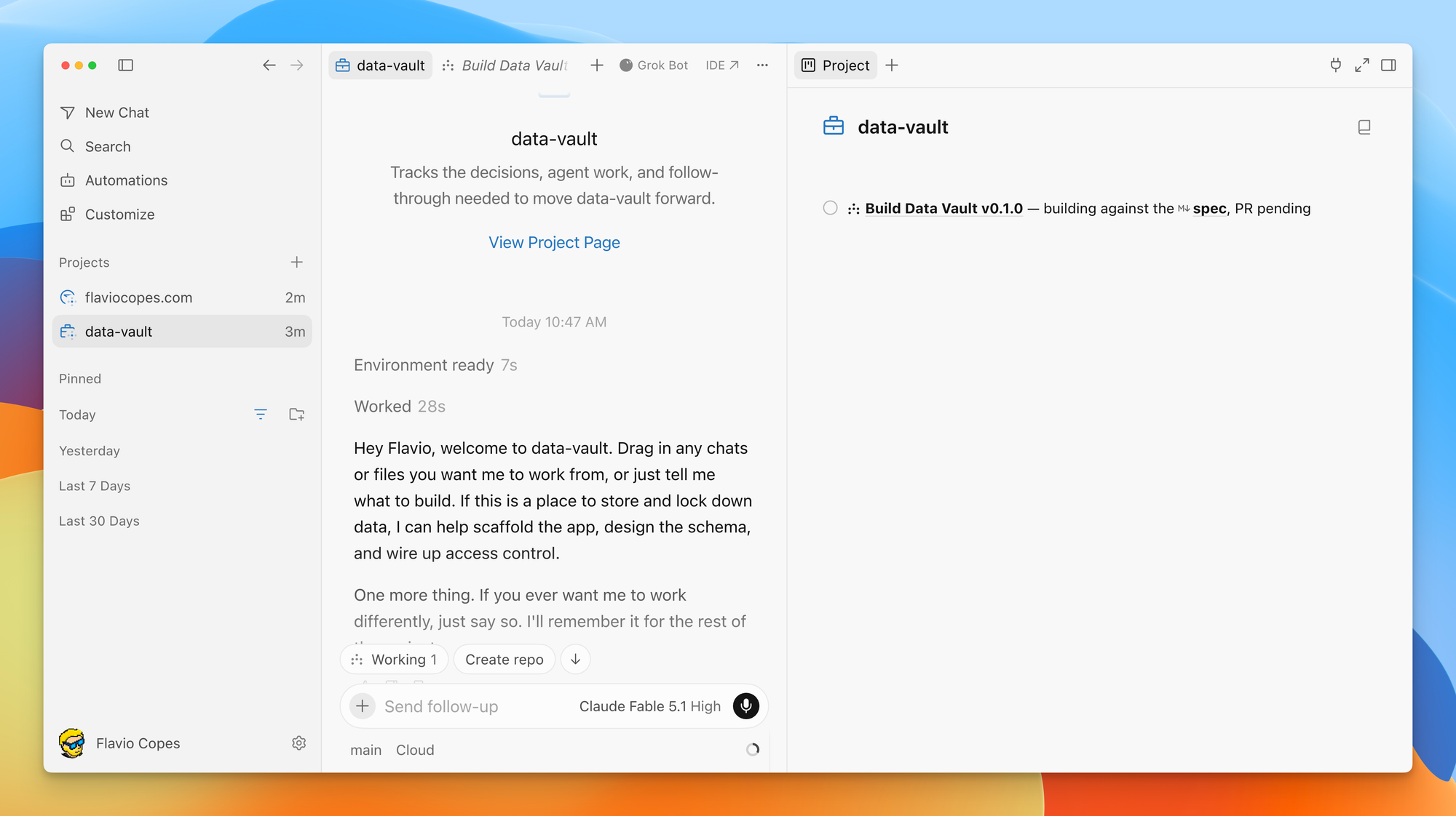 The Project page for data-vault, with the coordinator's welcome message and one running worker listed in the Project pane
