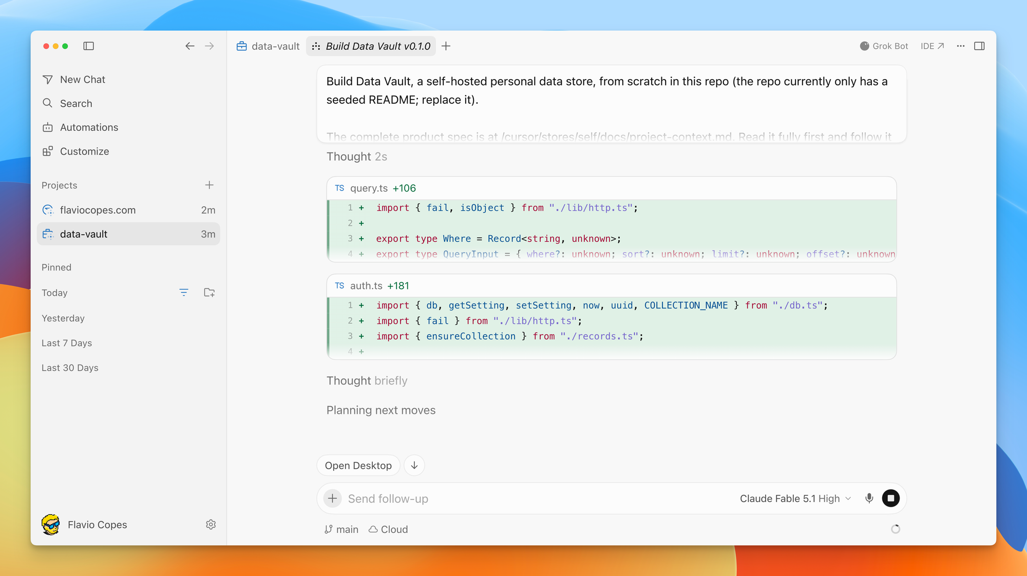 A Cursor Projects subagent writing TypeScript files while the coordinator thread stays available