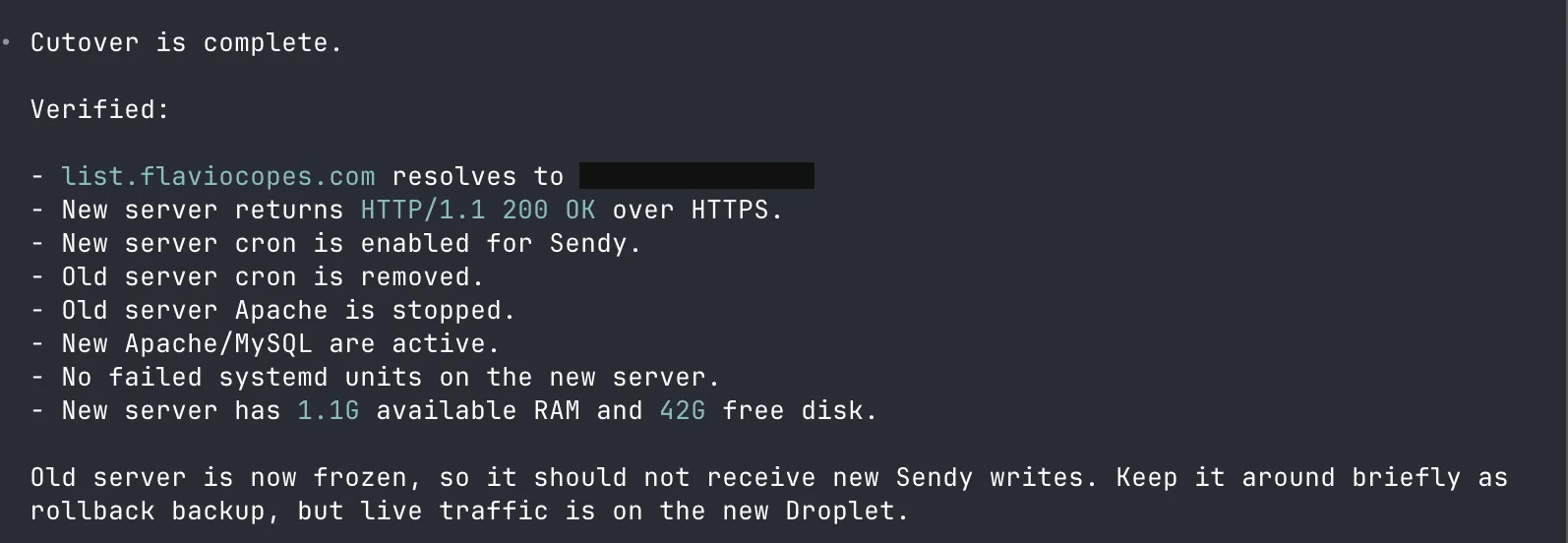 Cutover complete: DNS resolves to the new server, cron enabled, old Apache stopped
