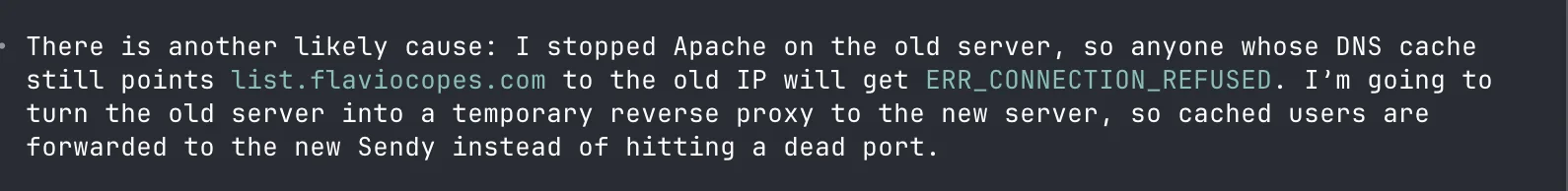 Codex realizing stopped Apache on the old server causes refused connections for cached DNS