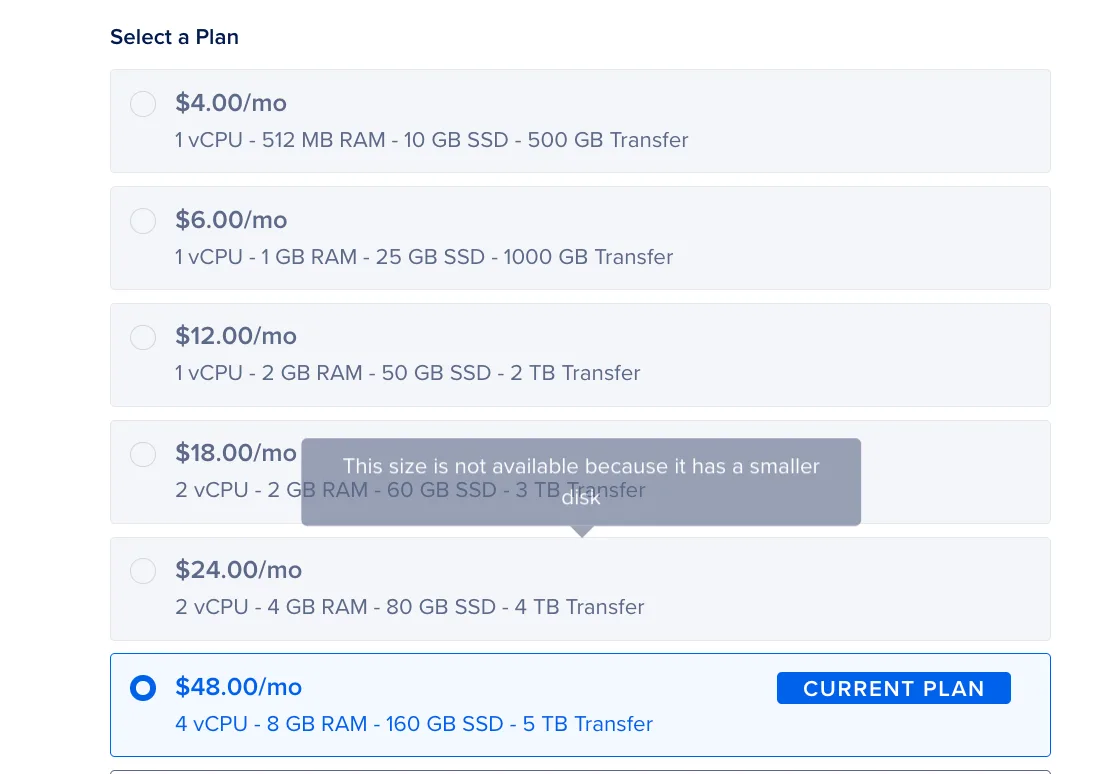 The droplet stuck on the $48 plan, smaller plans unavailable because of the disk size