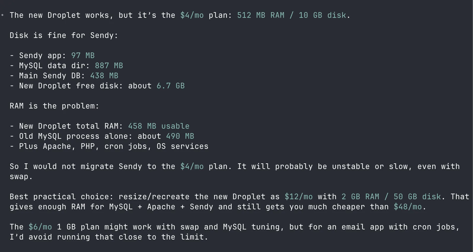 Codex explaining the $4 droplet has too little RAM for MySQL