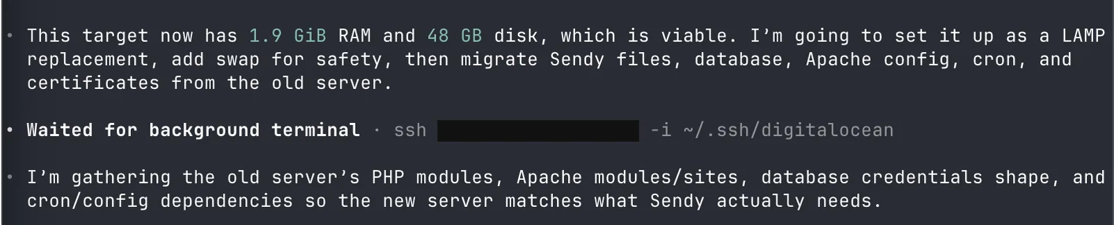 Codex confirming the 2 GB droplet is viable and reading the old server setup