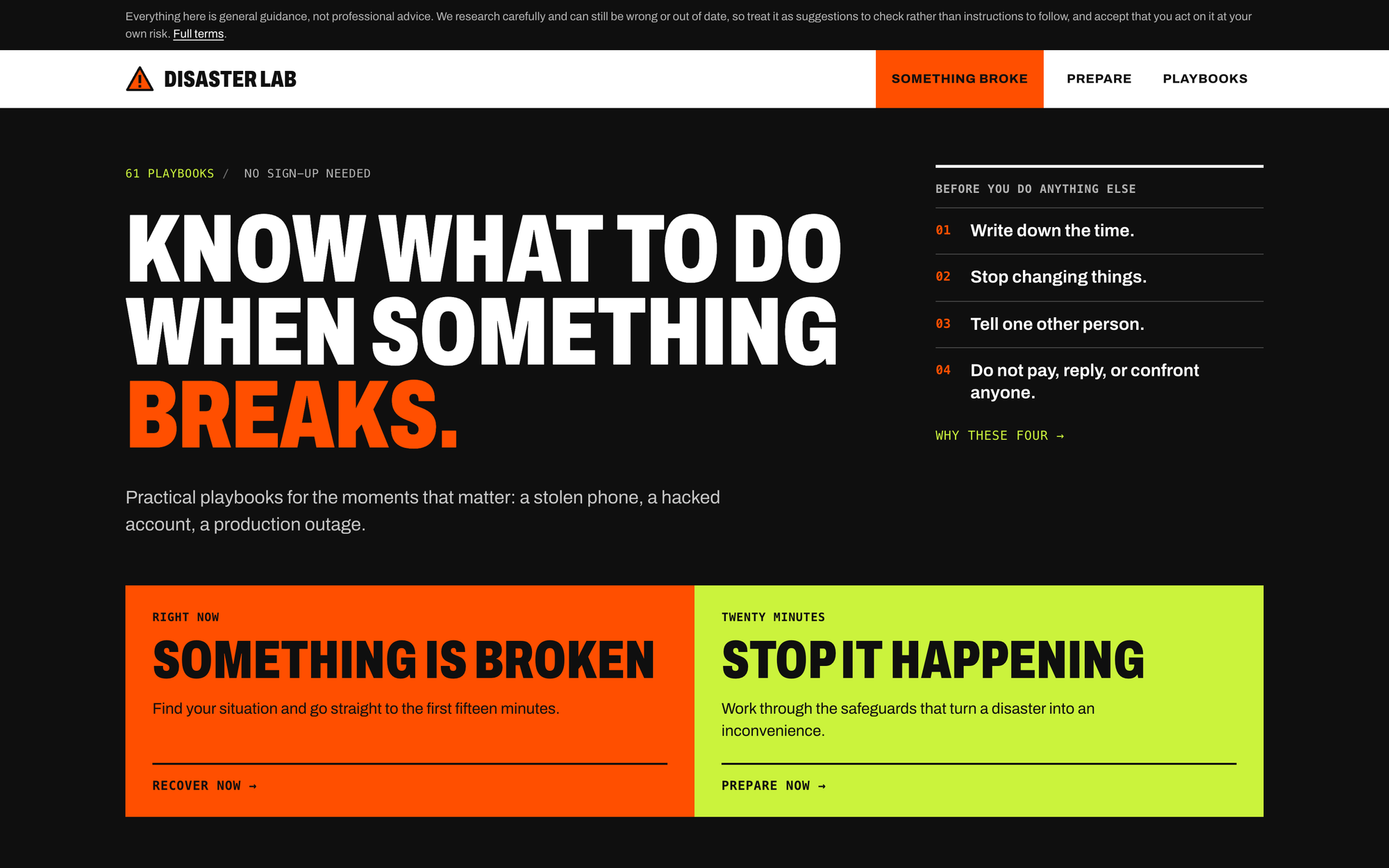 The Disaster Lab homepage, with the Something is broken and Stop it happening entry points