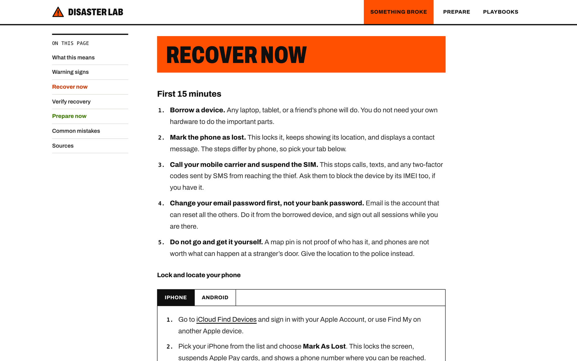 The Recover now section of the Phone lost or stolen playbook, starting with the first 15 minutes