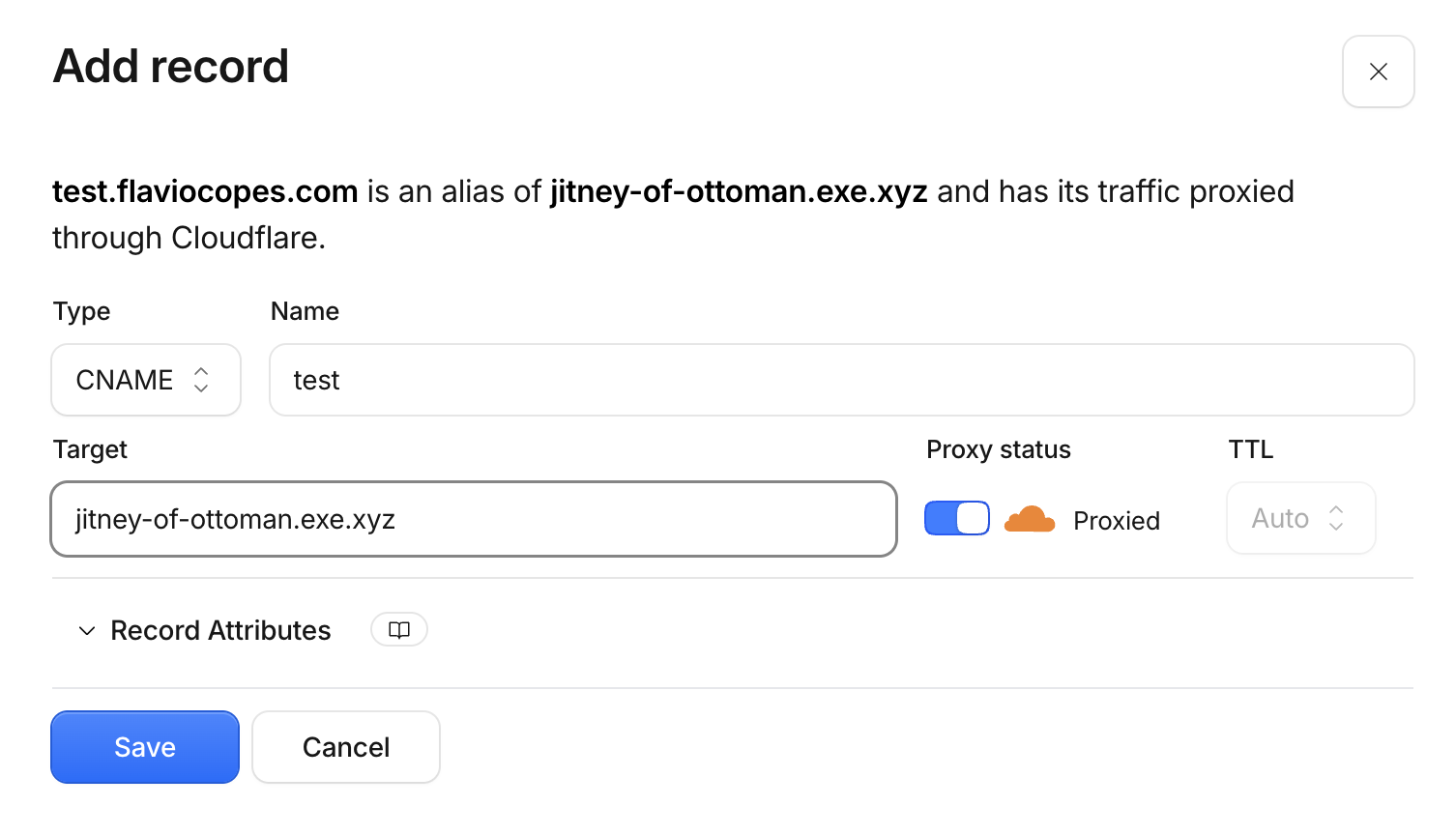 Adding a CNAME record in Cloudflare that points at an exe.dev VM
