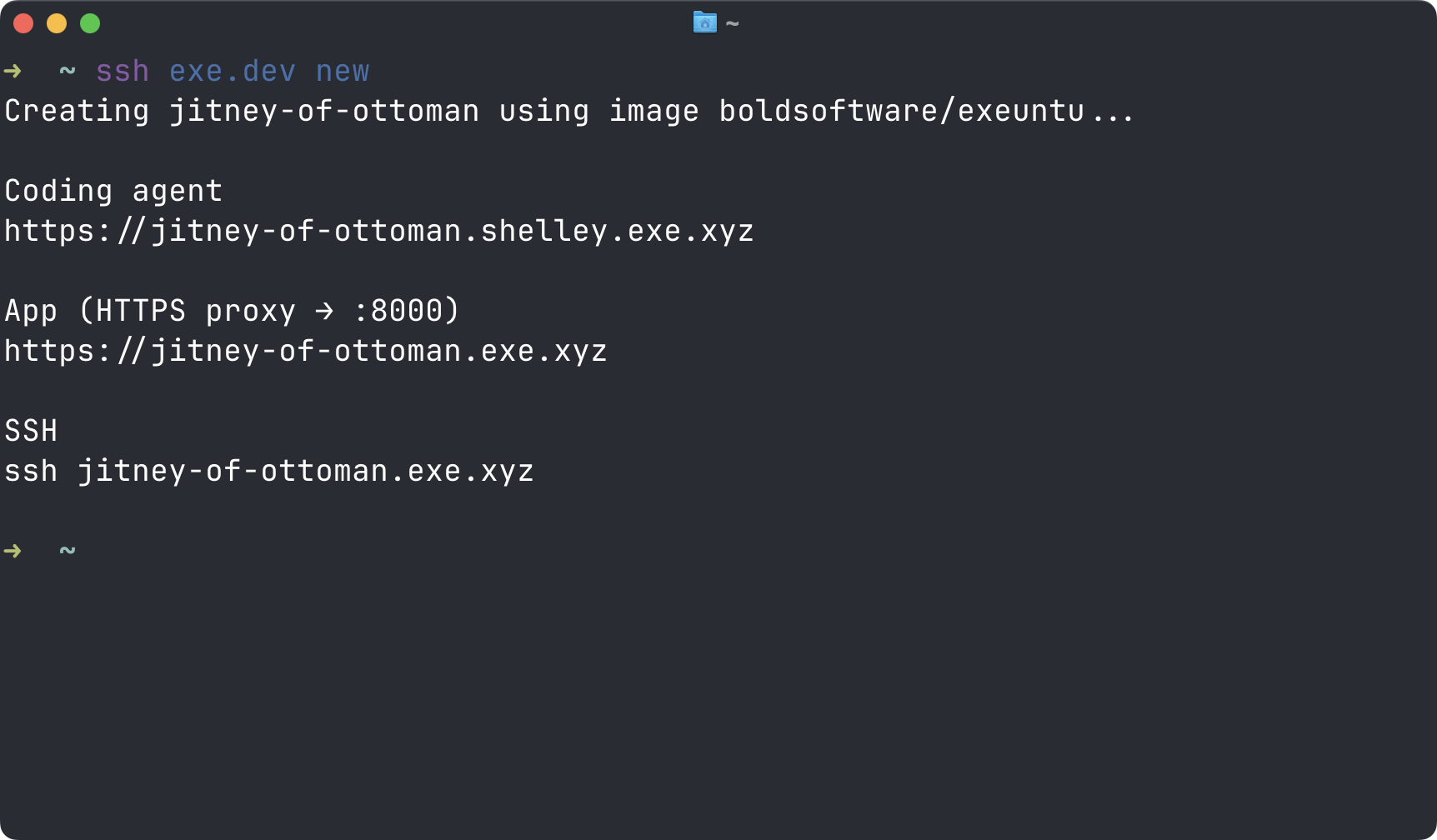 Creating a VM from the terminal with ssh exe.dev new