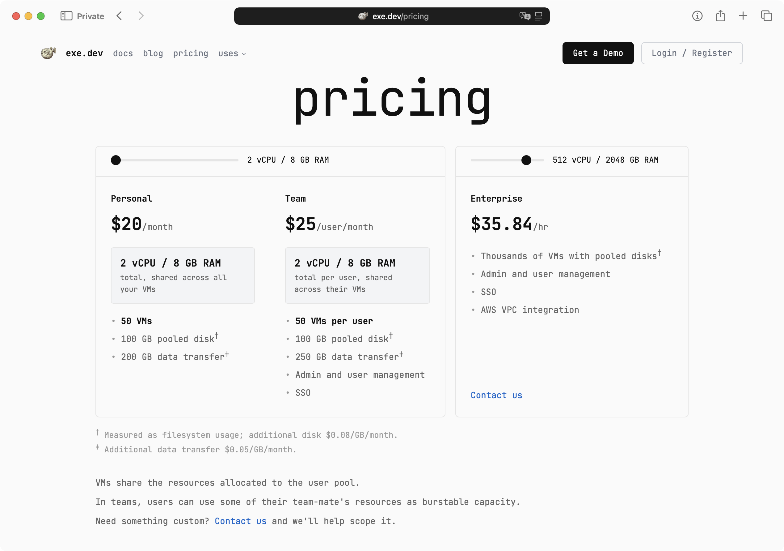 The exe.dev pricing page, with a slider to pick the pool size