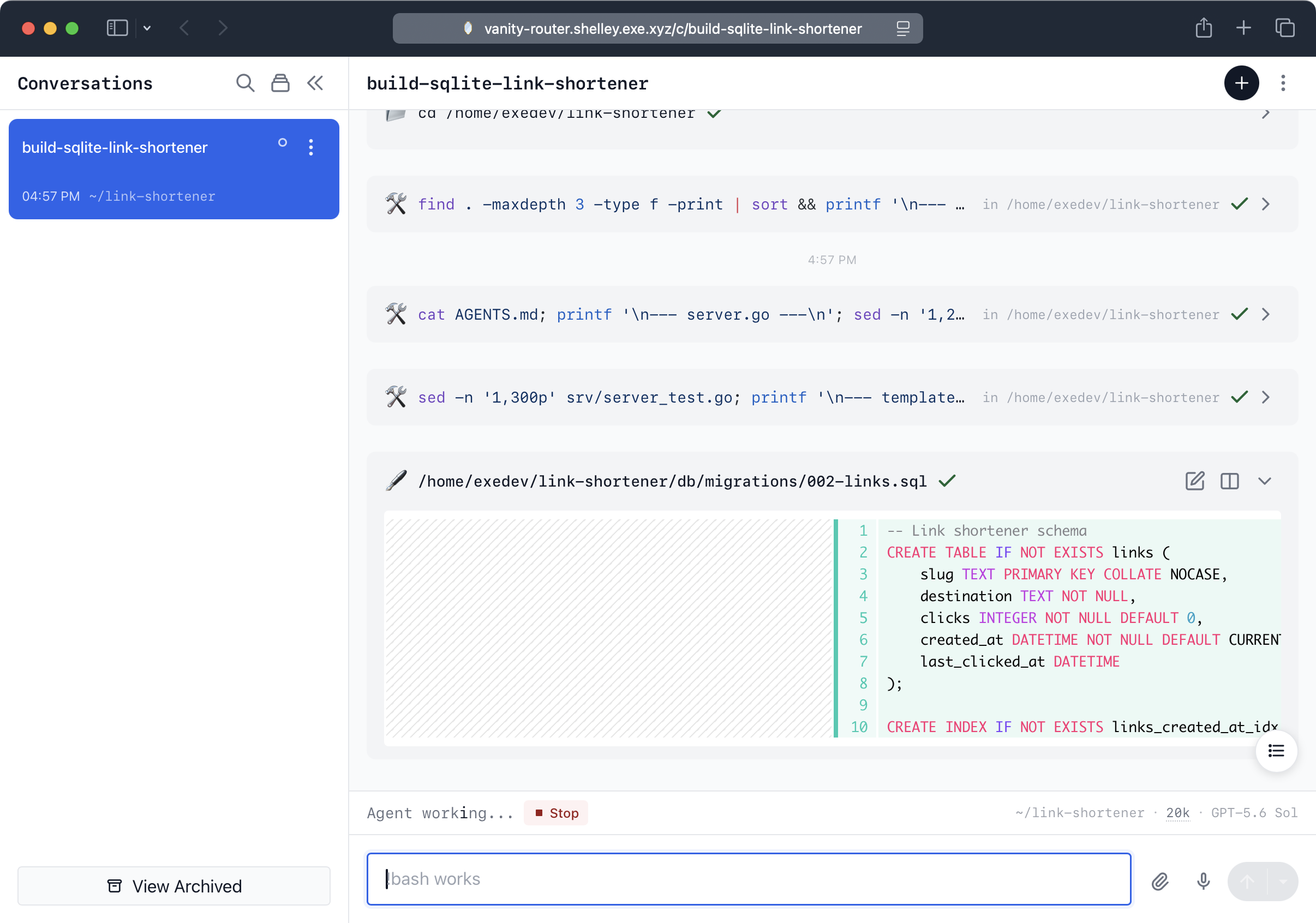Shelley working in the browser: the conversation shows shell commands and the SQL migration it wrote