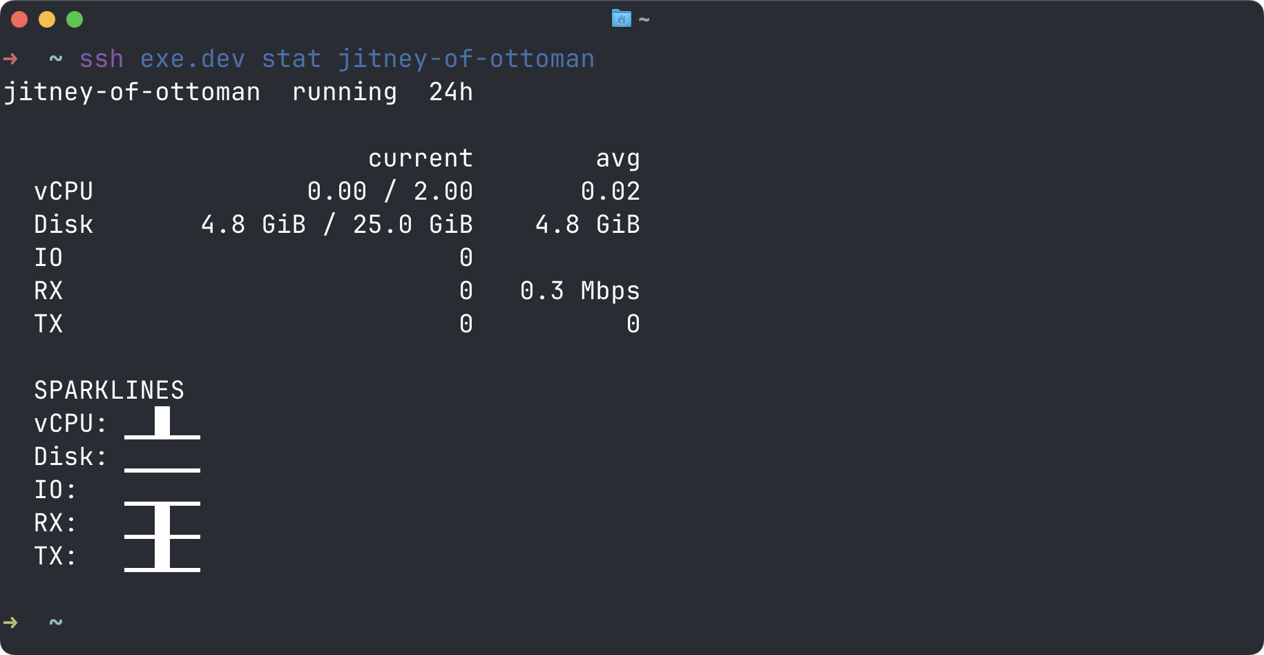 Output of ssh exe.dev stat for jitney-of-ottoman: vCPU, disk, IO, and network usage with sparklines