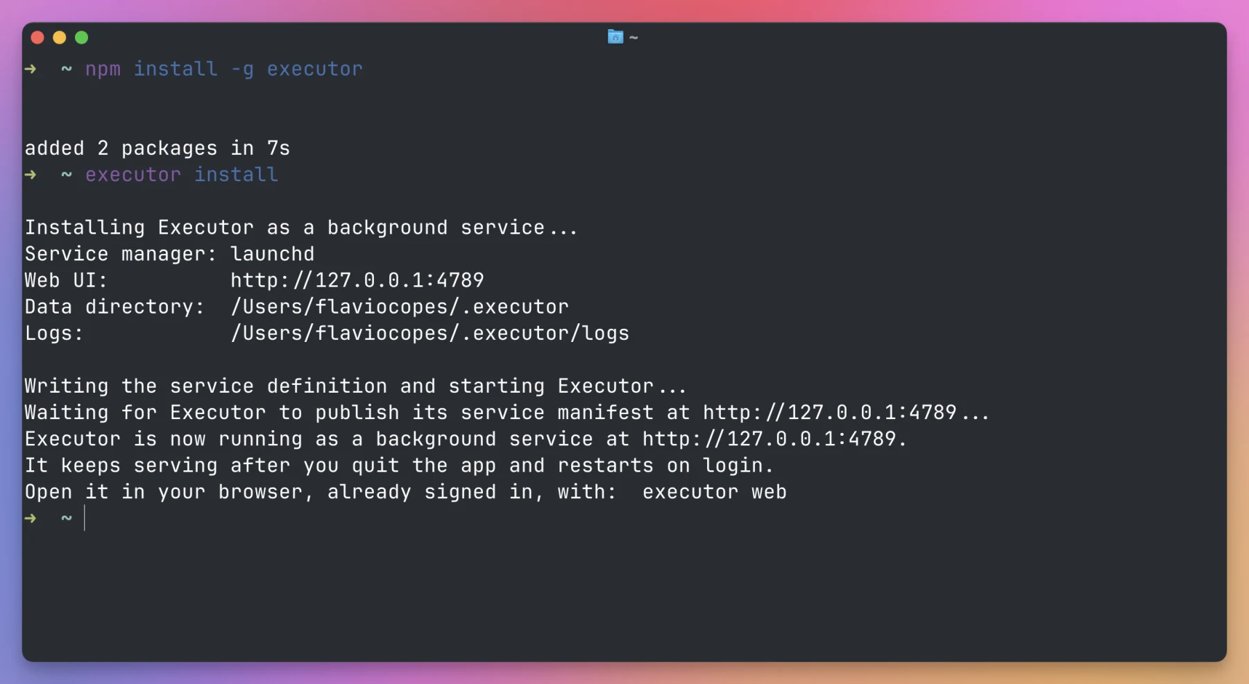 Executor CLI installing the local background service on port 4789