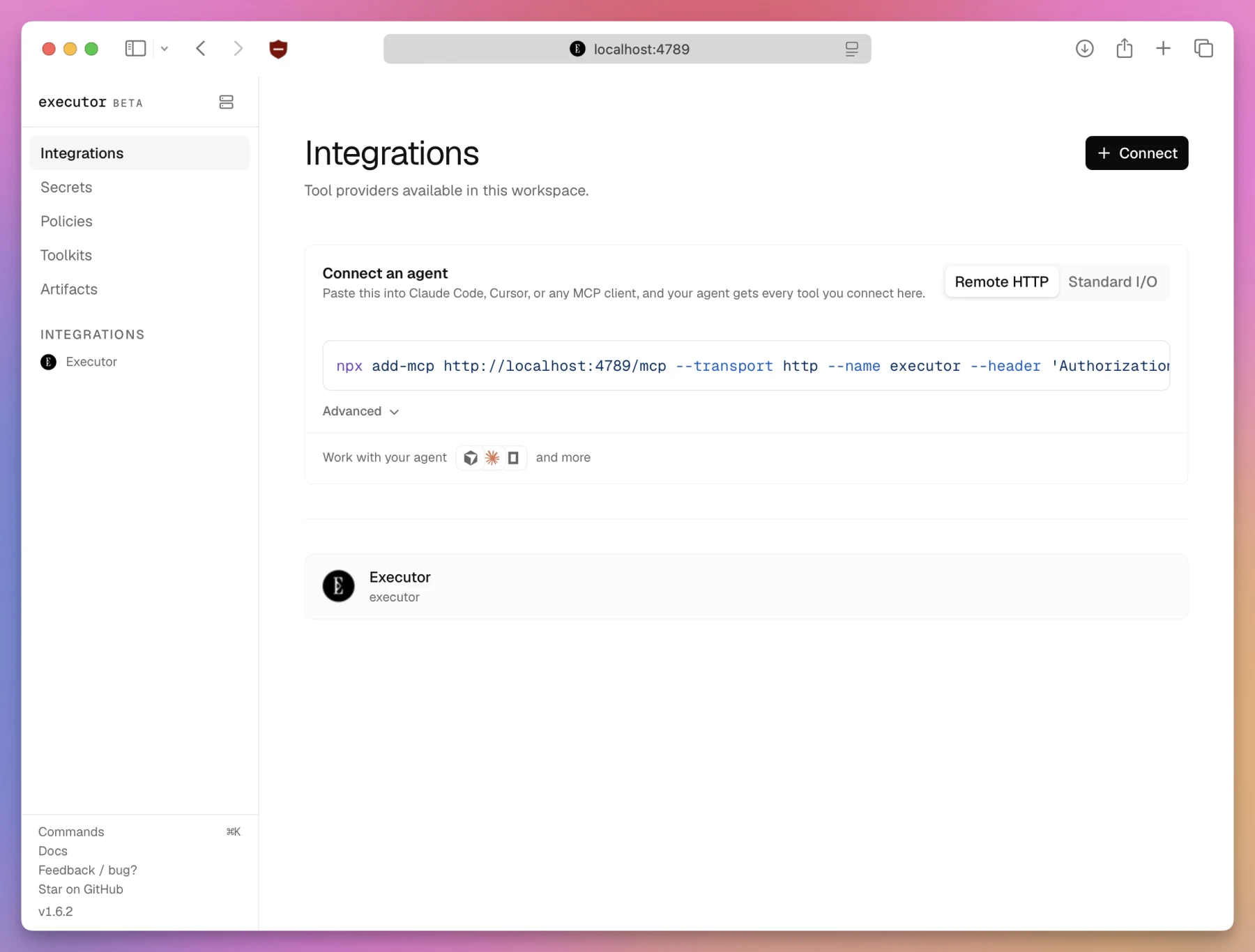 Executor Integrations page showing the command used to connect an MCP client