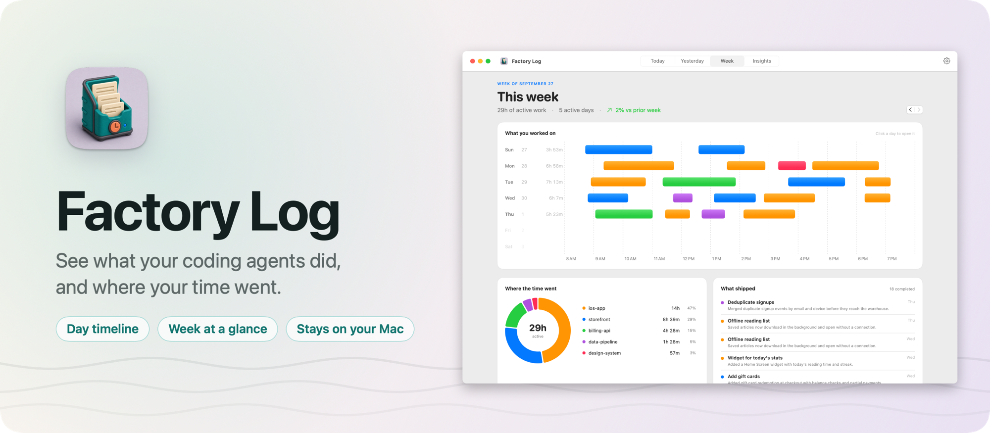 Factory Log, a timeline of what your coding agents did