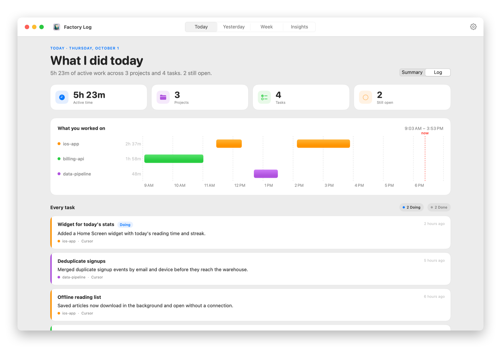 The Today screen in Factory Log, with the time per project, a timeline of work sessions and the list of tasks