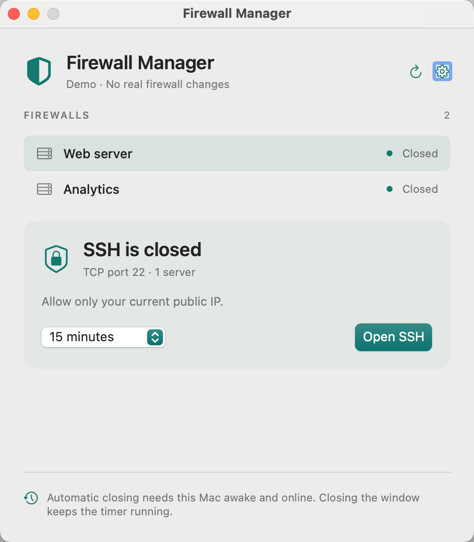 Firewall Manager showing a closed DigitalOcean firewall and a 15-minute access option