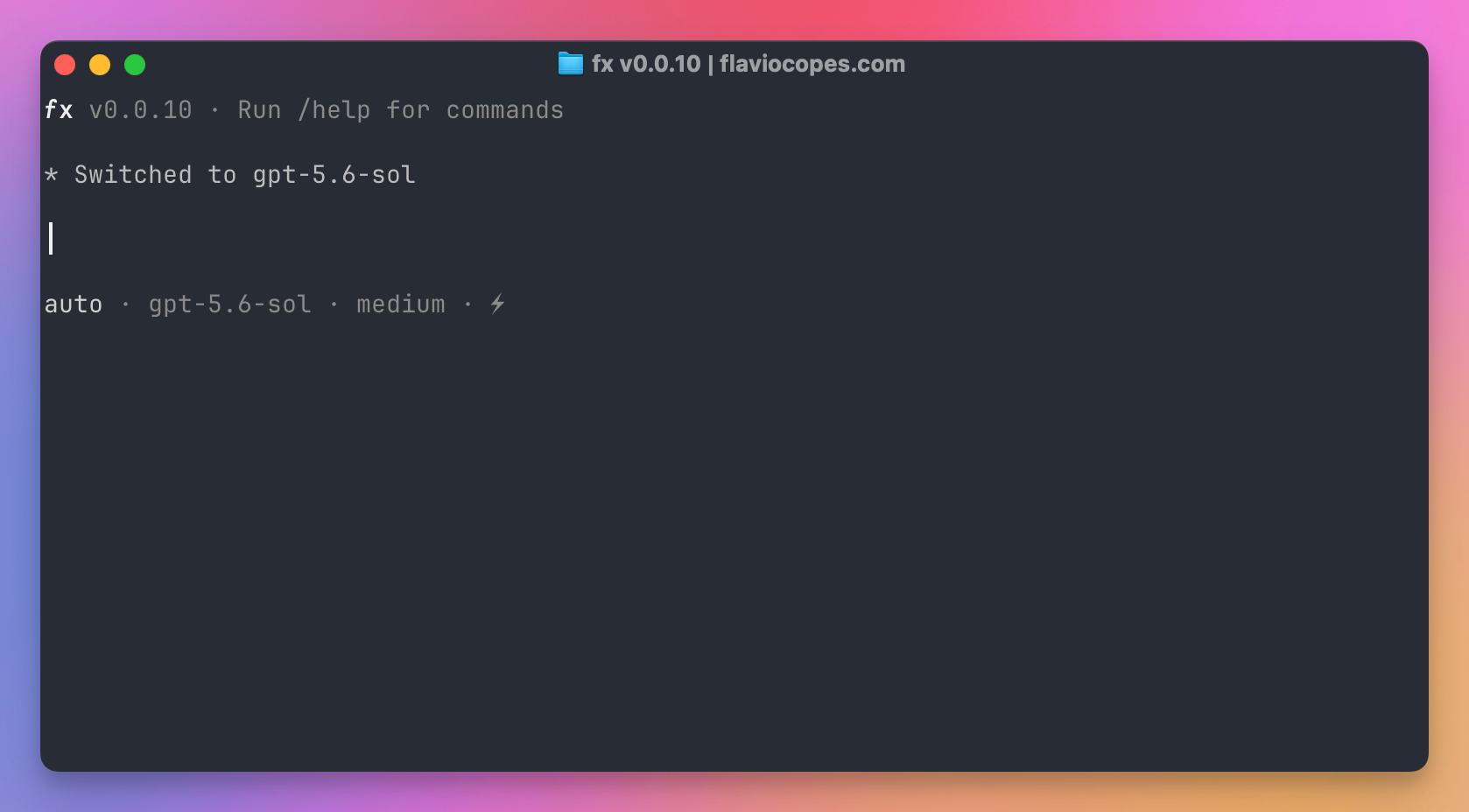 The fx prompt after switching to gpt-5.6-sol