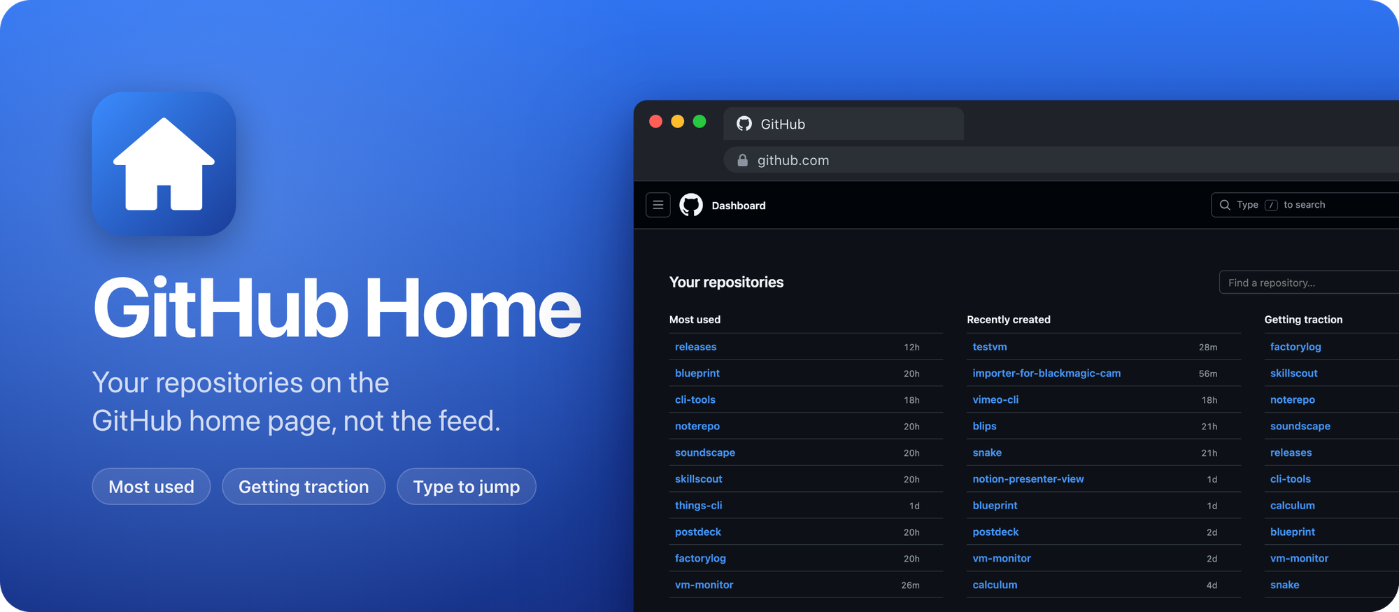 GitHub Home, a Chrome extension that shows your repositories on the GitHub home page