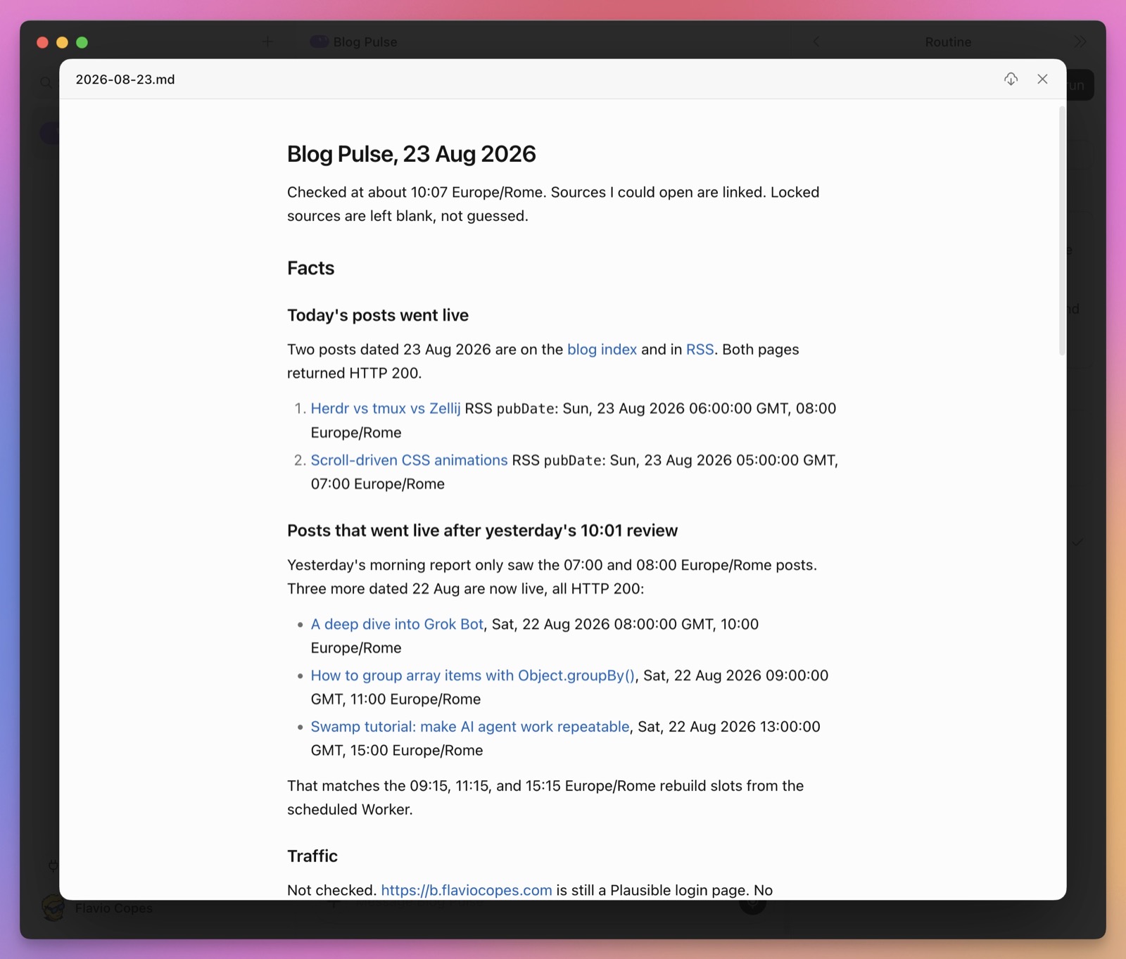 The Blog Pulse report from August 23 showing published posts, RSS checks, deployment timing, and an unavailable analytics source