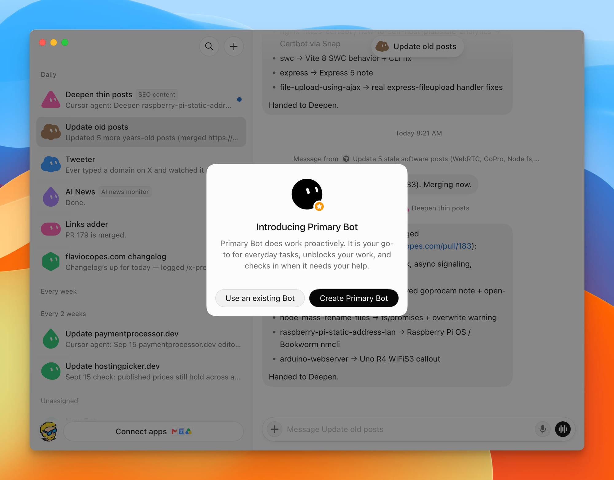 The Introducing Primary Bot dialog in the Grok Bot app, with the Use an existing Bot and Create Primary Bot buttons