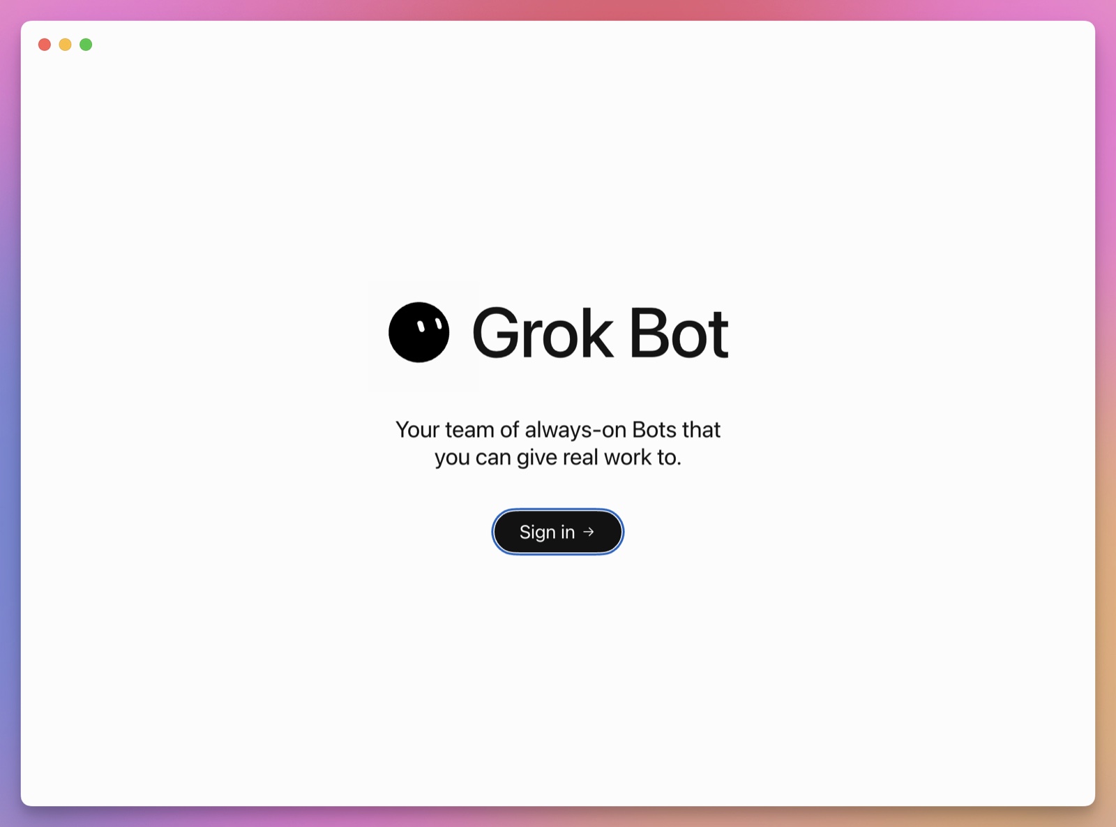 The first Grok Bot screen with the Sign in button