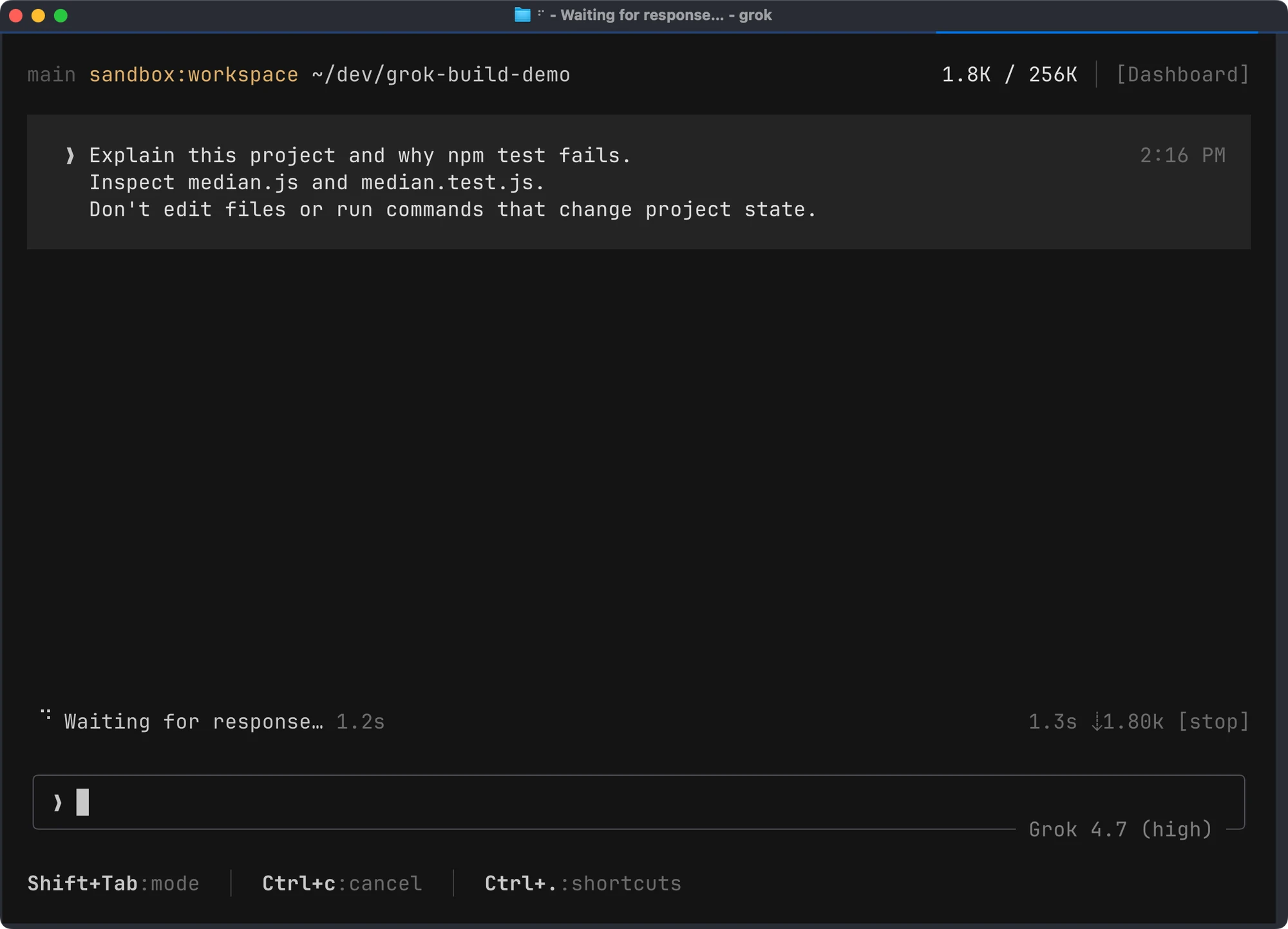 Grok Build processing the prompt to inspect median.js and median.test.js without changing project state