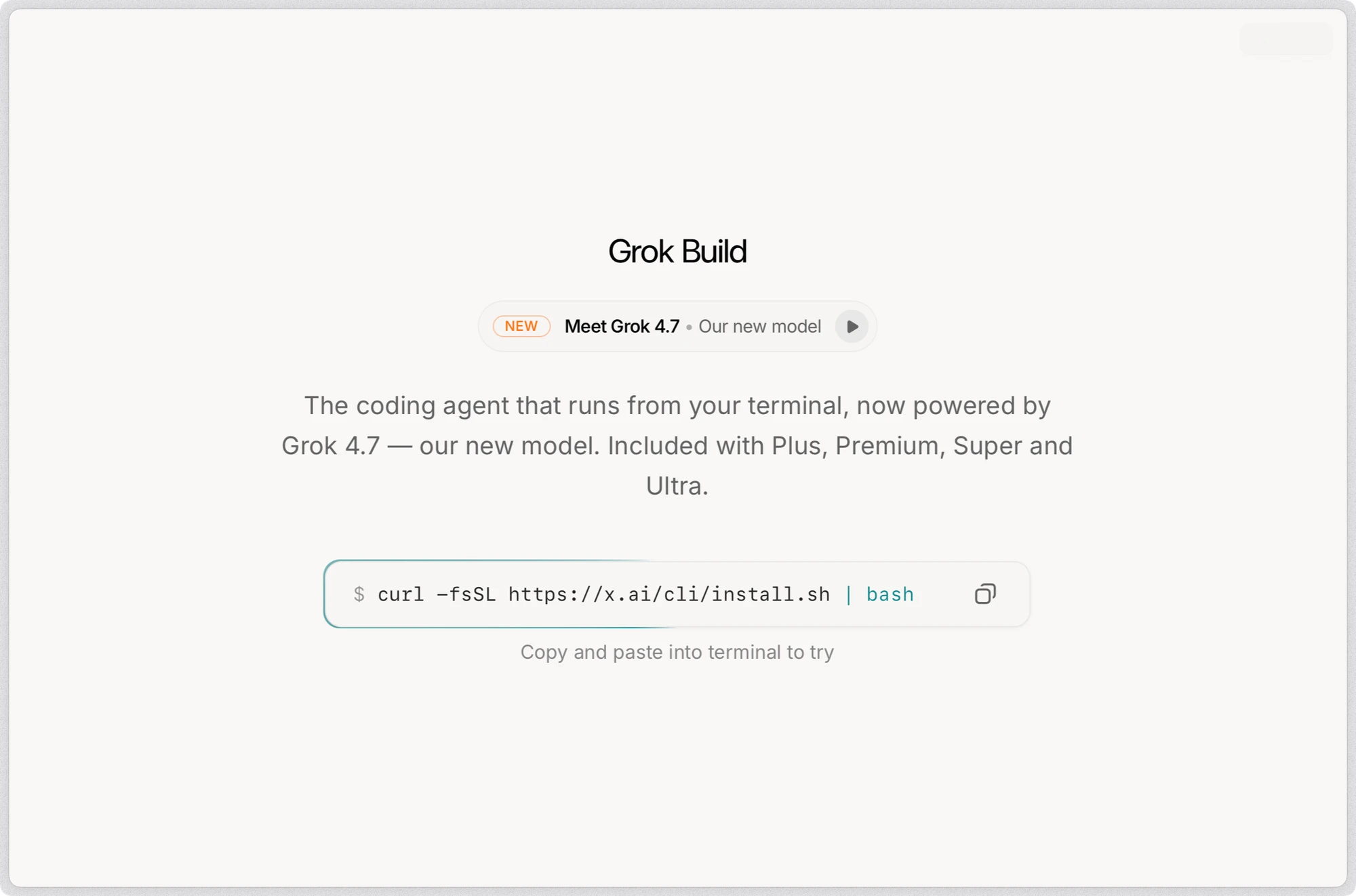 Grok Build website showing the terminal coding agent and its installation command