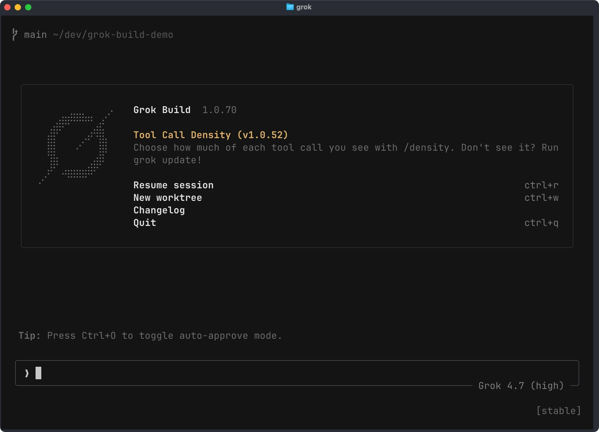 Grok Build welcome screen in the demo project, with the prompt ready and Grok 4.7 selected