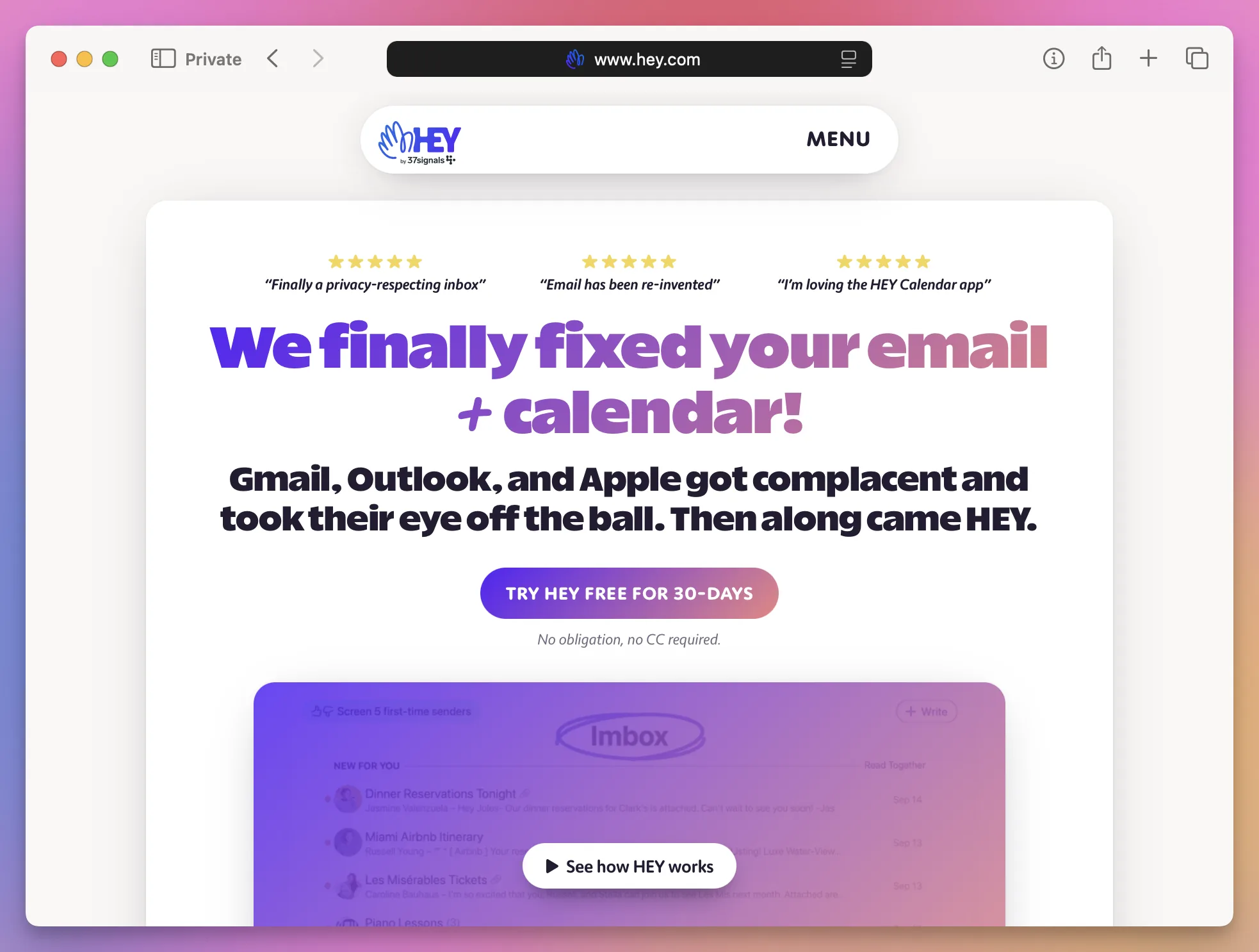 The HEY homepage in Safari announcing its email and calendar service