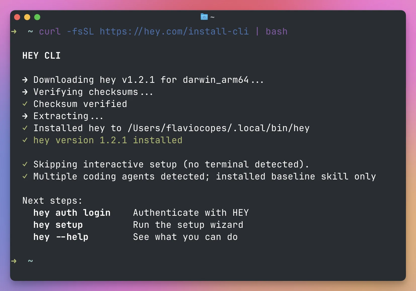 hey-cli being downloaded, verified, and installed in a macOS terminal