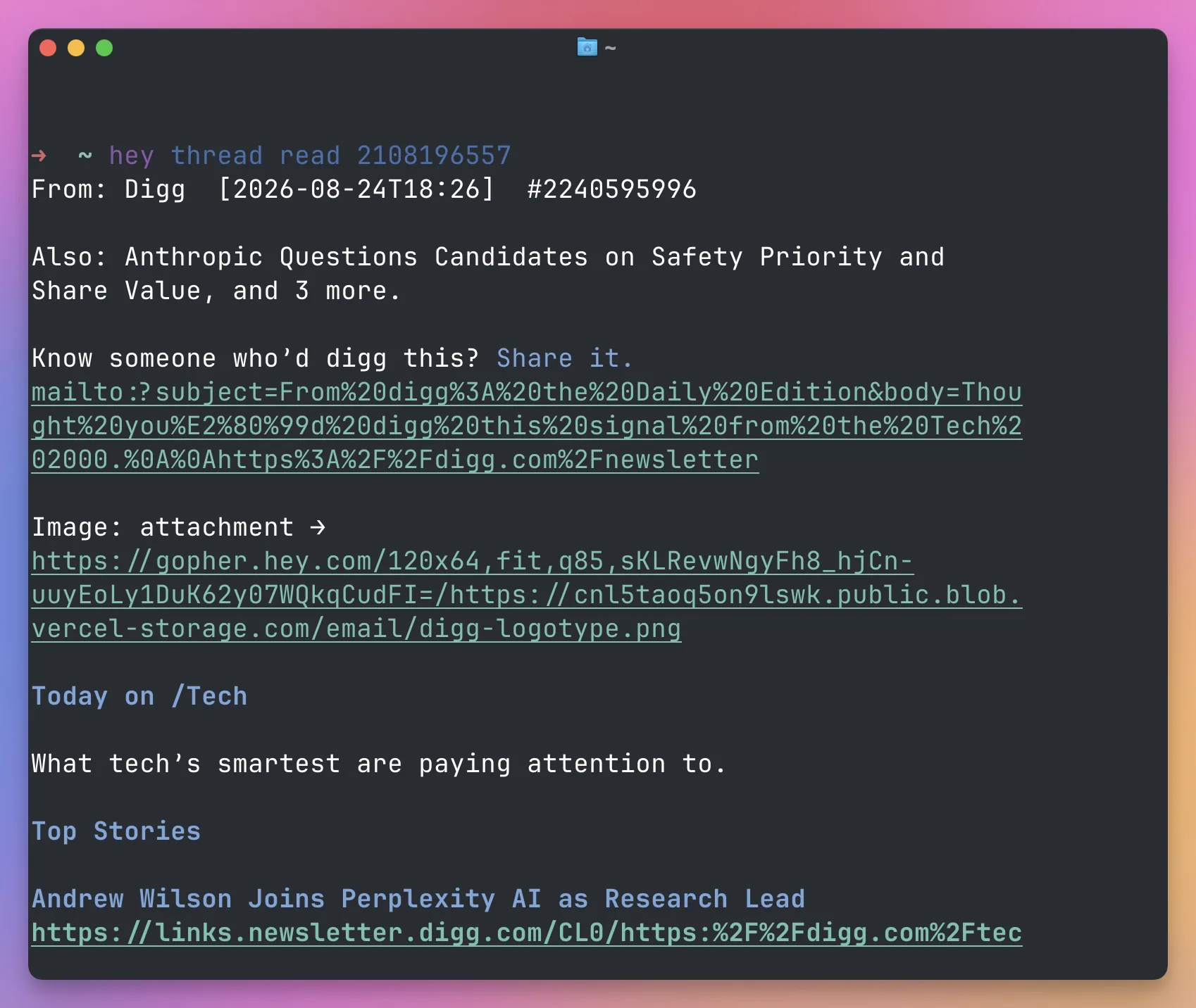 The hey thread read command displaying an email as readable text inside the terminal
