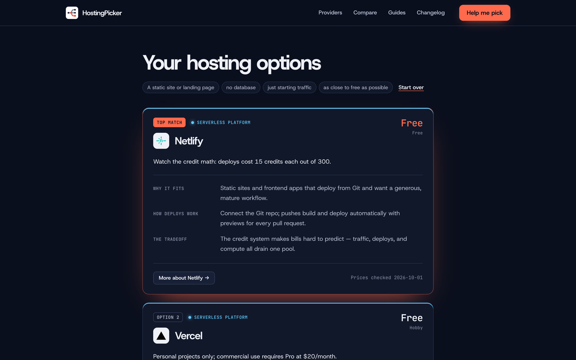 HostingPicker results for a static site with no database, little traffic and no budget: Netlify, Vercel and Cloudflare Workers, each with its price, why it fits and the tradeoff