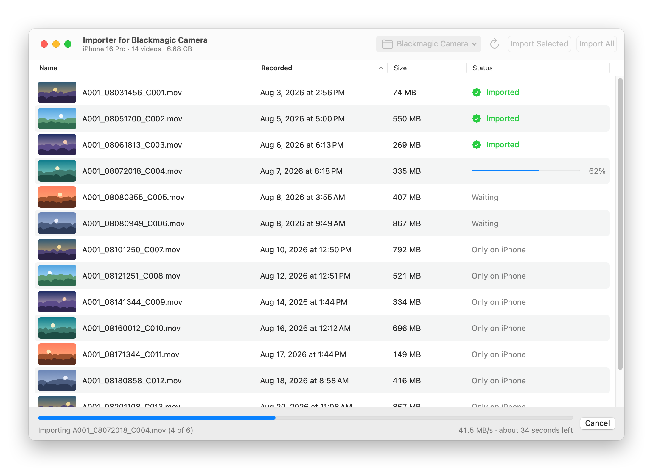 The Importer for Blackmagic Camera window halfway through an import, with three clips imported and the fourth at 62%