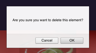 Firefox browser confirm dialog showing "Are you sure you want to delete this element?" with Cancel and OK buttons
