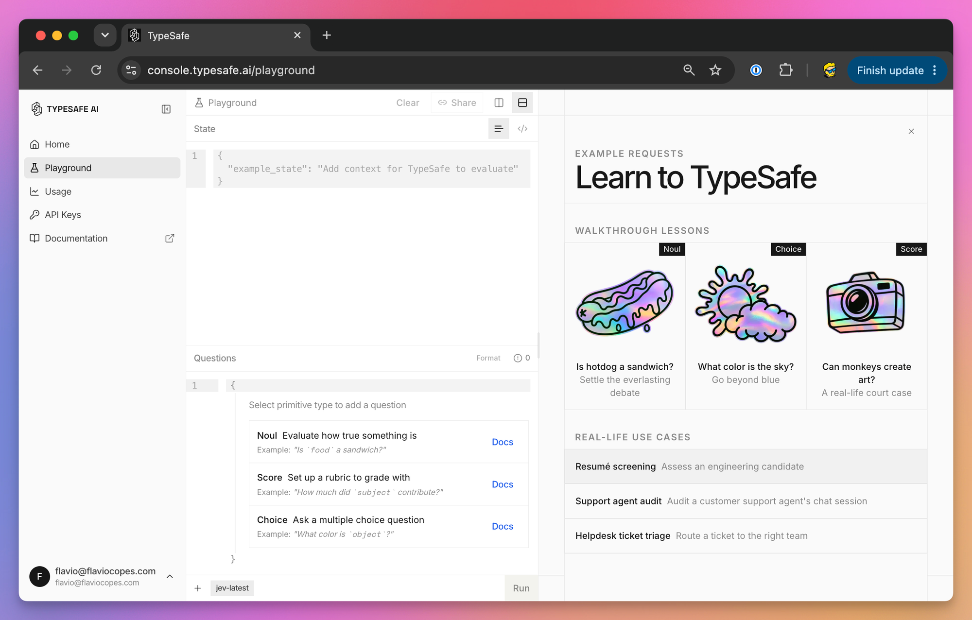 The TypeSafe Playground with the state editor, the question type picker and the walkthrough lessons