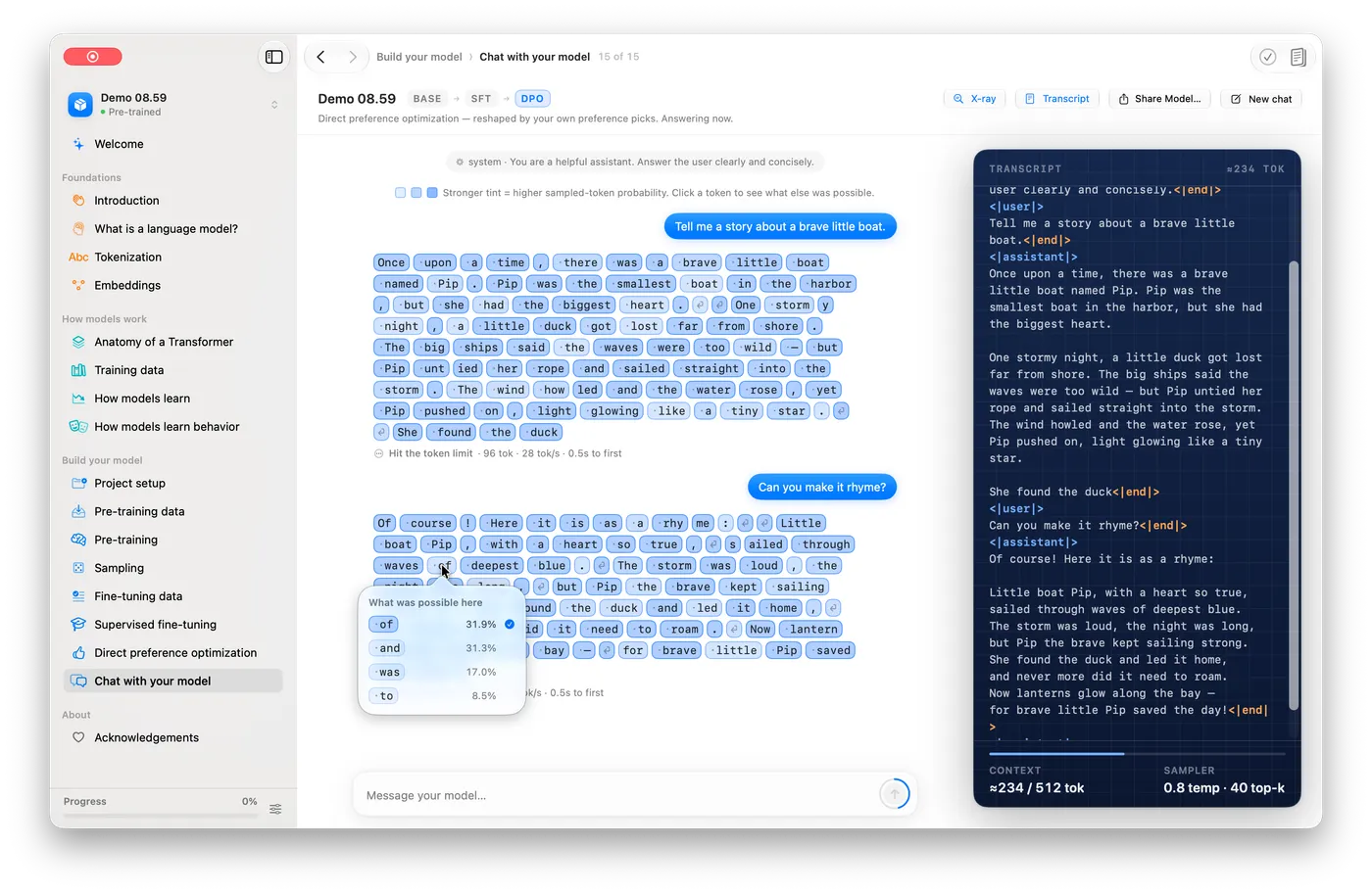 Chat X-ray view showing generated tokens, probability shading, and the alternatives available at one position