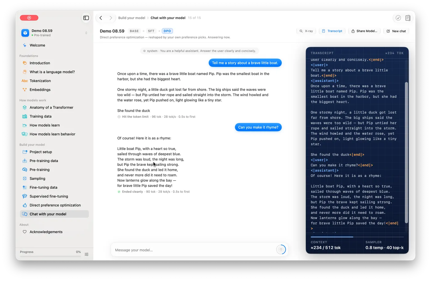 Chat controls for comparing the base, SFT, and DPO stages of the same model