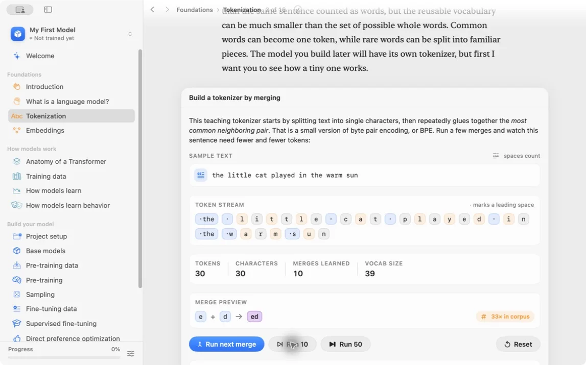 Interactive BPE tokenizer after learning ten merges