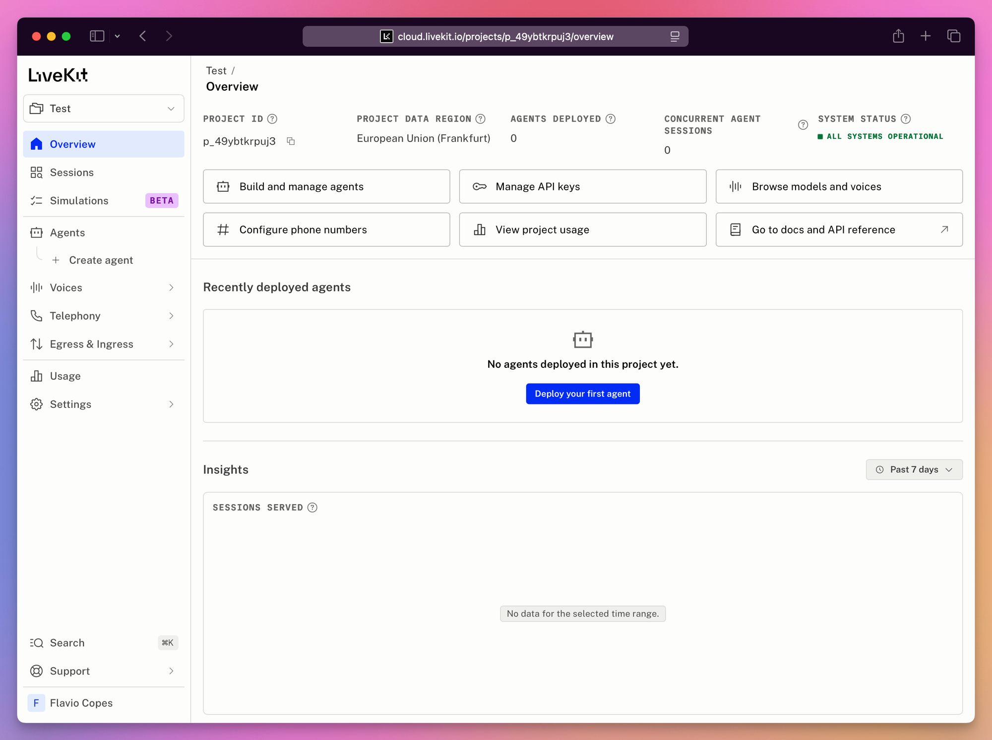 The light-mode LiveKit Cloud overview for a new project: no agents deployed, no concurrent sessions, and shortcuts for agents, API keys, models, phone numbers, usage, and docs