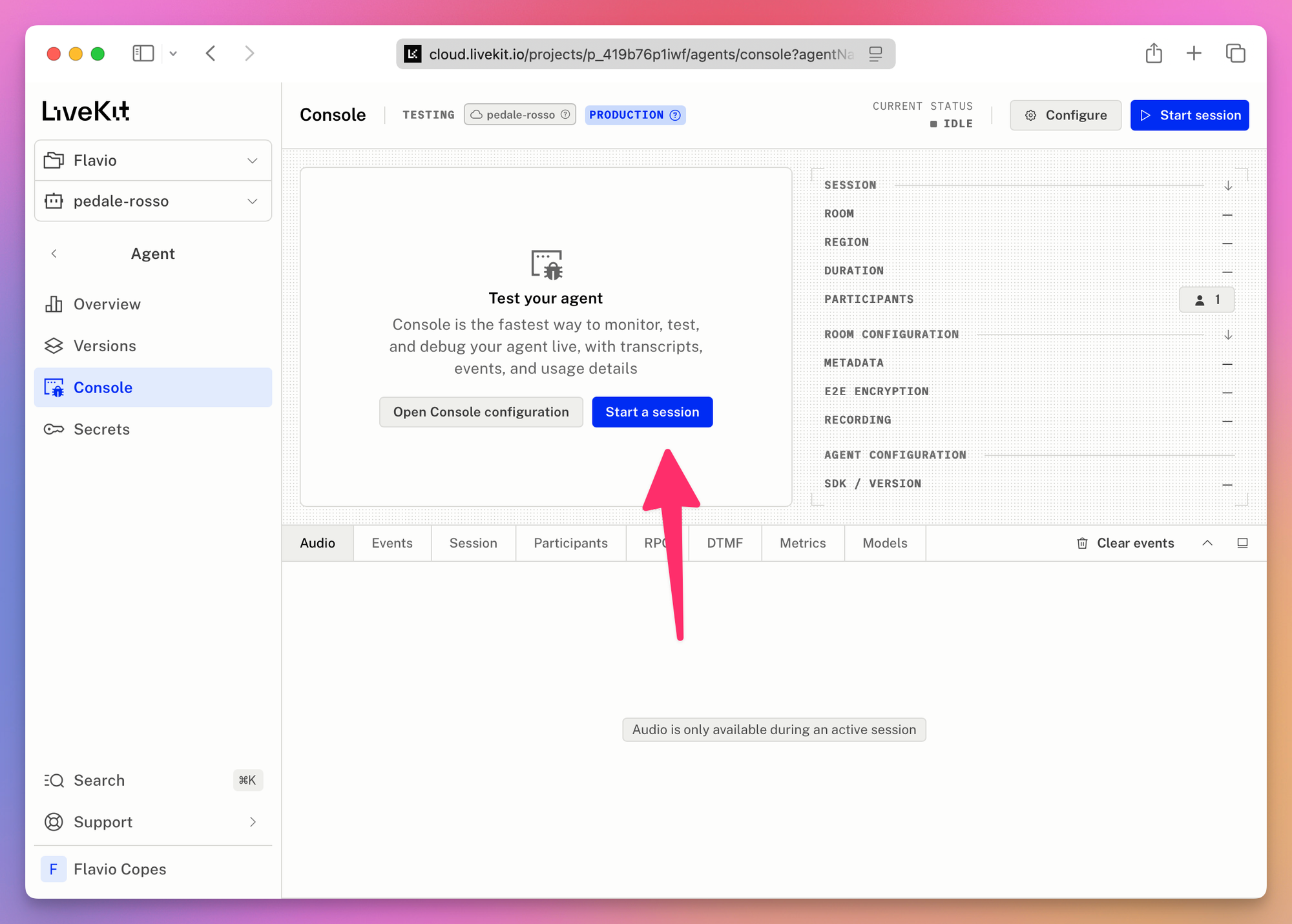 The light-mode Agent Console before a session, with an arrow pointing at Start a session and the empty session panel on the right
