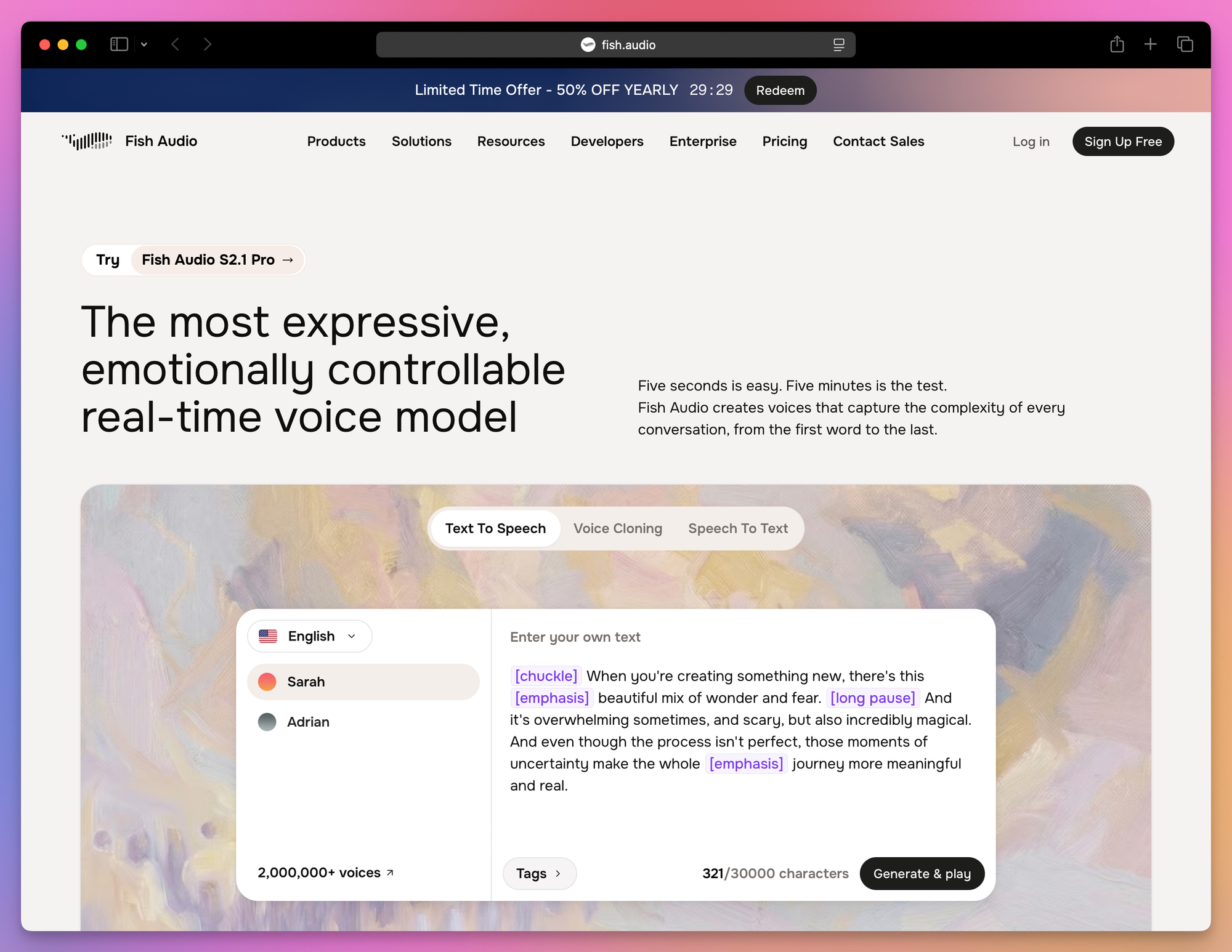 The Fish Audio homepage, with the S2.1 Pro text-to-speech demo and the Sign Up Free button