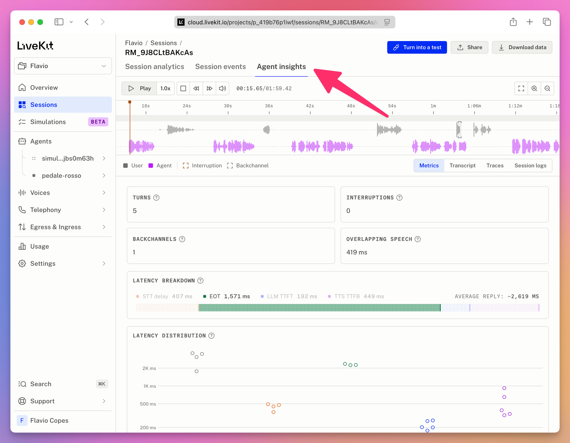 Light-mode Agent insights metrics, with five turns, no interruptions, one backchannel, overlapping speech, and the latency breakdown