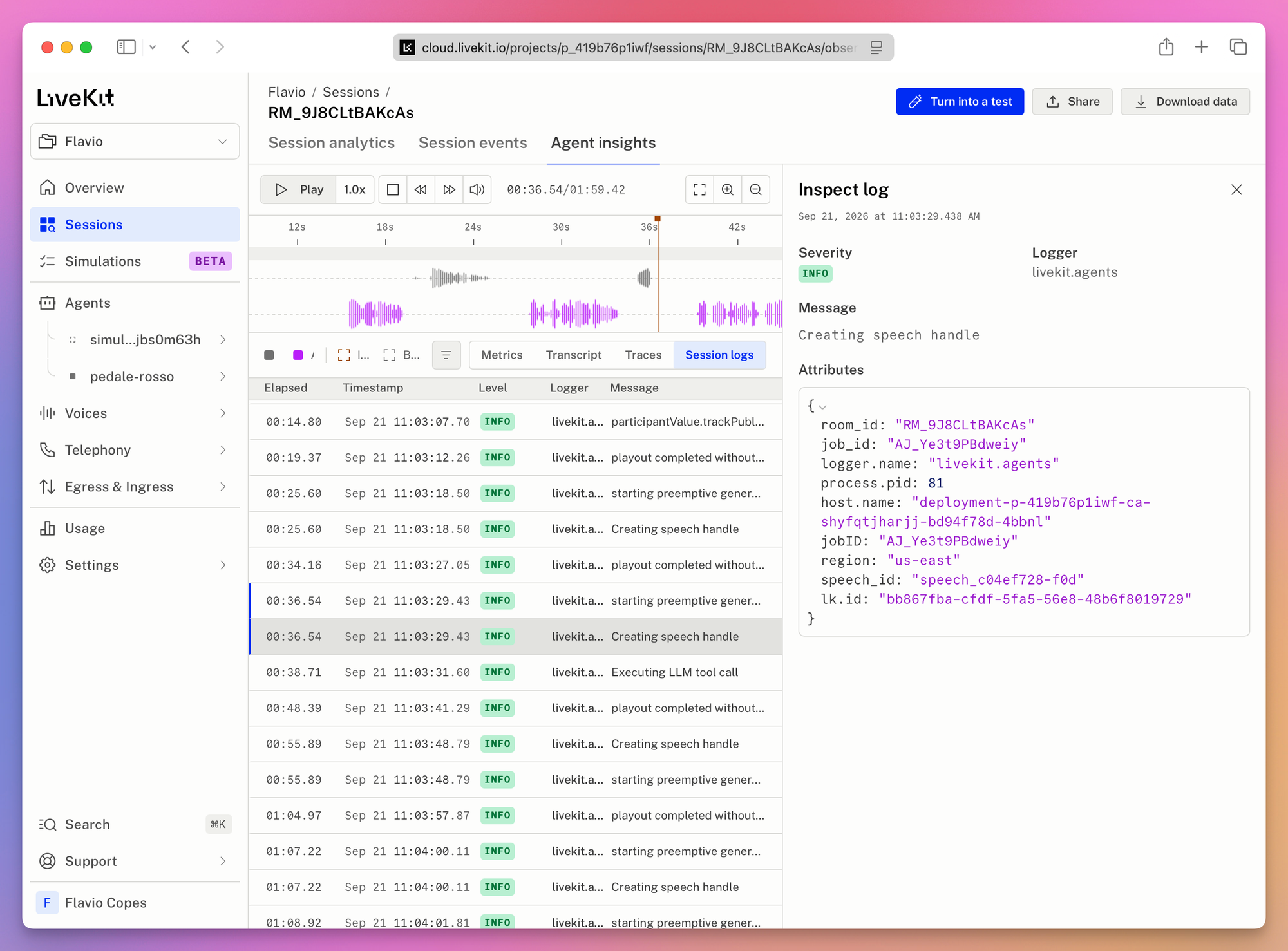 Light-mode session logs with livekit.agents entries on the timeline and the details of one selected log on the right
