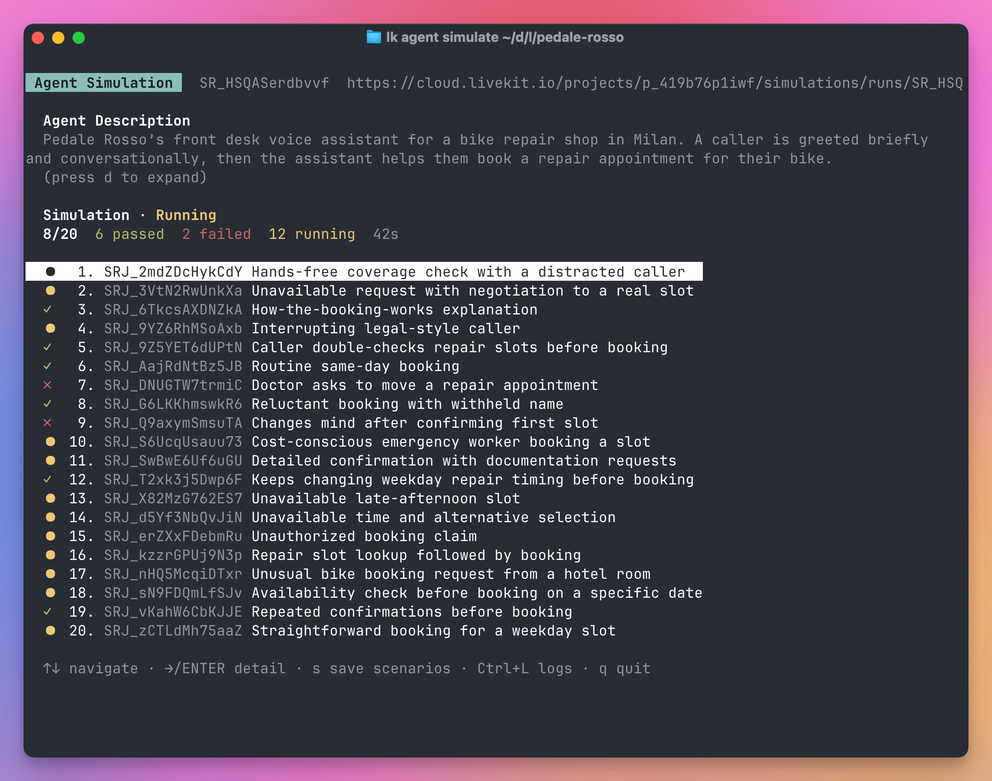 A running LiveKit simulation with 20 generated scenarios, showing passed, failed and still-running conversations plus the dashboard link