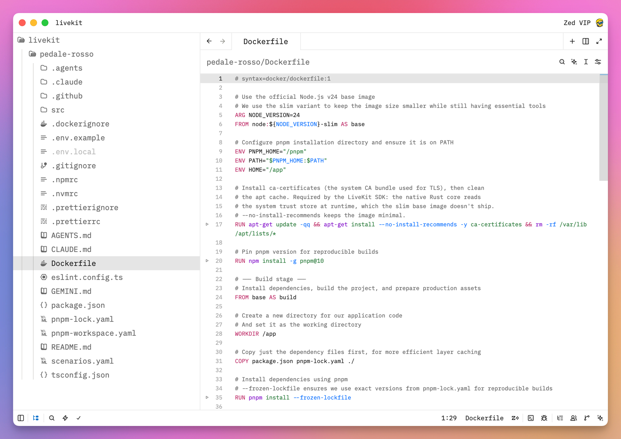 The Node template Dockerfile open in Zed, using Node.js 24 slim, pnpm 10, a separate build stage, and a frozen lockfile install