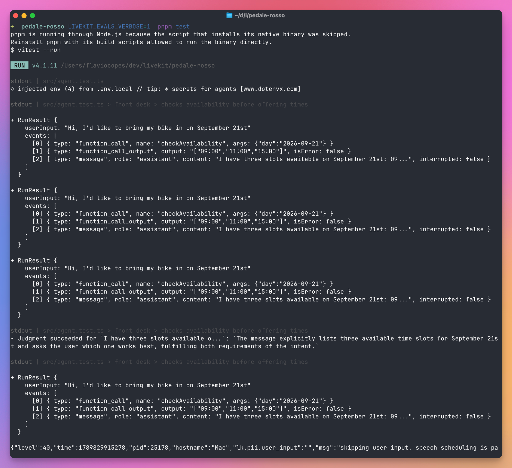 Verbose LiveKit evaluation output showing the user input, checkAvailability function call and output, assistant reply, and the successful LLM judgment