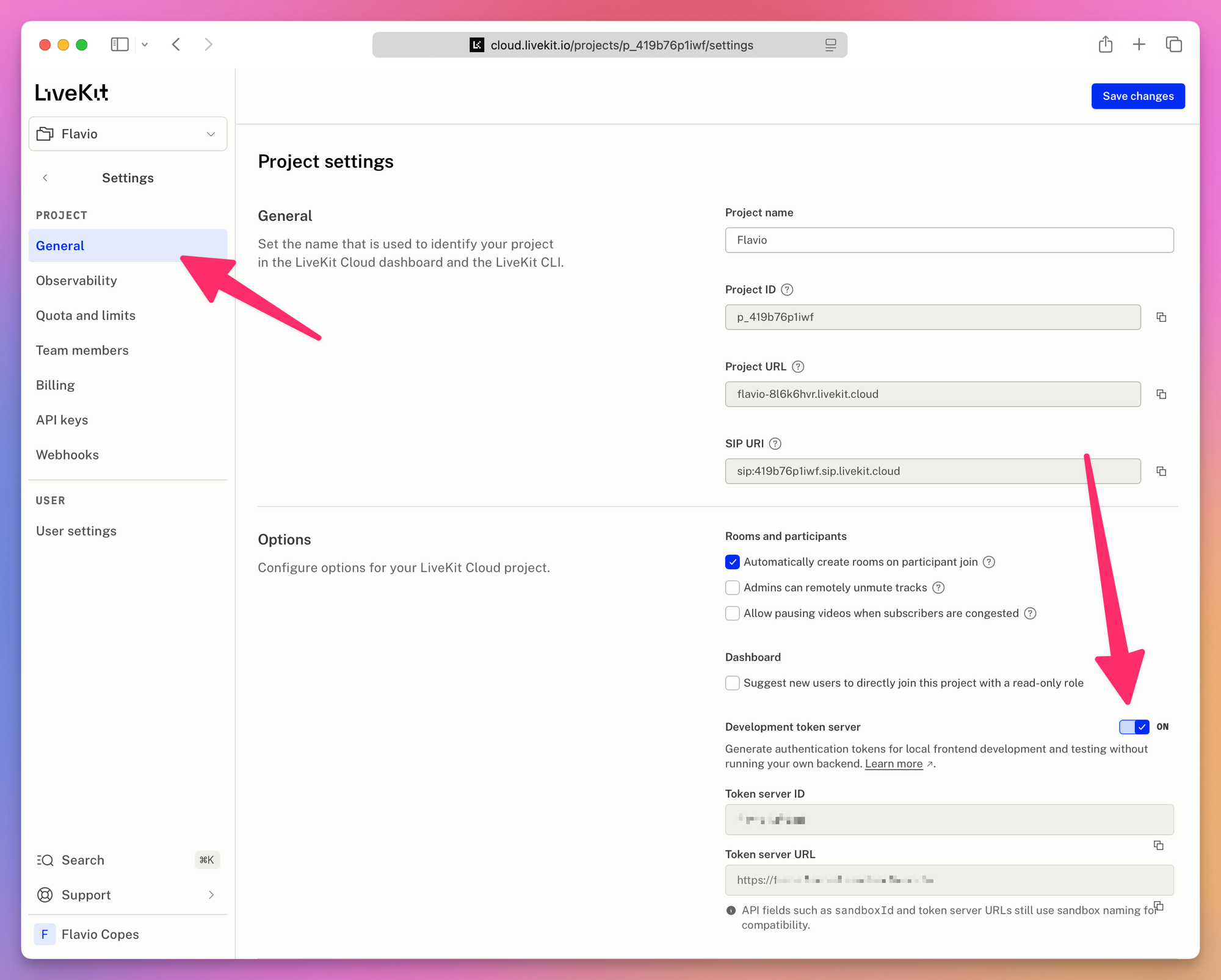 Light-mode LiveKit Cloud project settings with arrows pointing at General and the enabled Development token server toggle