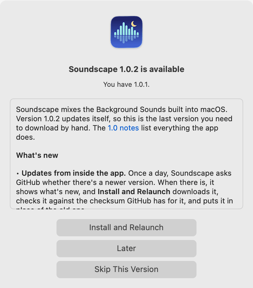 Soundscape's update dialog, offering version 1.0.2 with its release notes and three buttons: Install and Relaunch, Later, Skip This Version