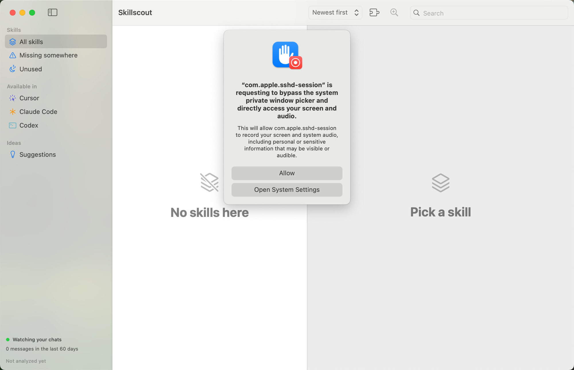 The macOS Sequoia screen recording prompt for SSH, on top of Skillscout in the VM