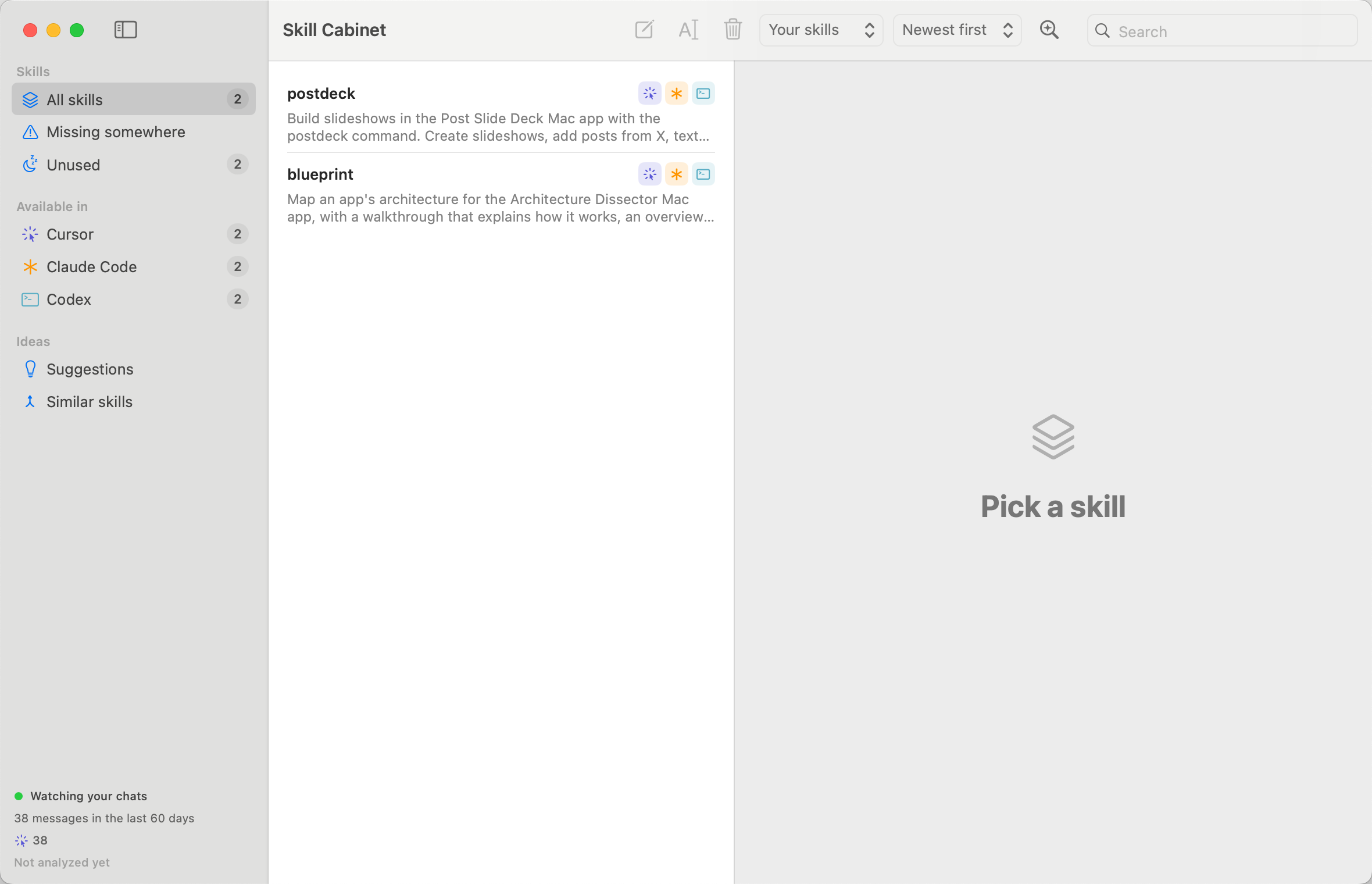 Skill Cabinet running on the screen of the macOS test VM